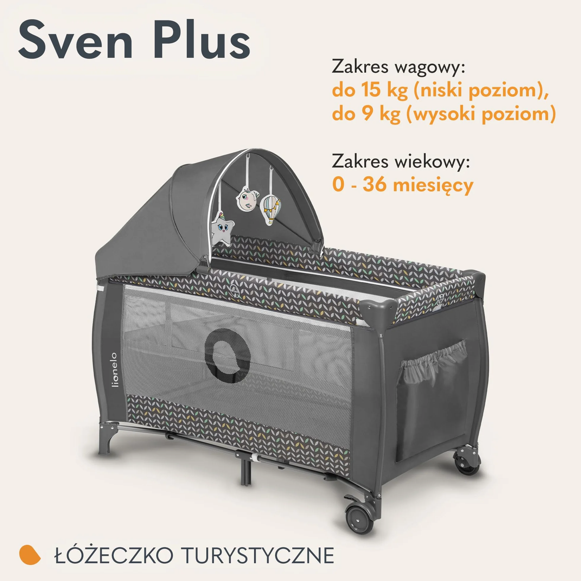 Lionelo LO-SVEN PLUS GREY SCANDI Wielofunkcyjne Łóżeczko dla Dzieci, Grey Scandi, 125 x 77 x 65 cm