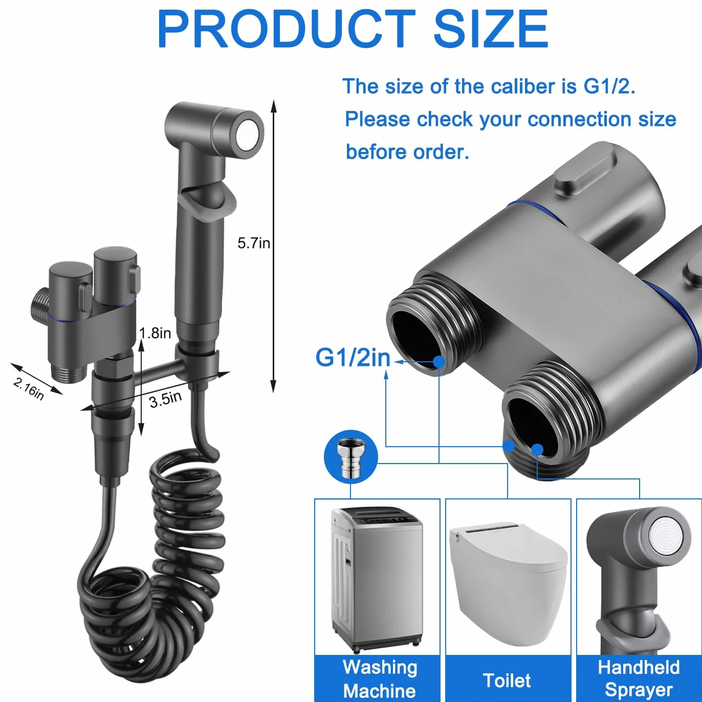 Podwójny zawór sterujący 1-w-2-out mini bateria toaletowa zestaw opryskiwacza podkładka doczołowa, wielofunkcyjny ręczny bidet spray do pieluch łazienkowych, natrysk, wąż i akcesoria (2 szt., szary)