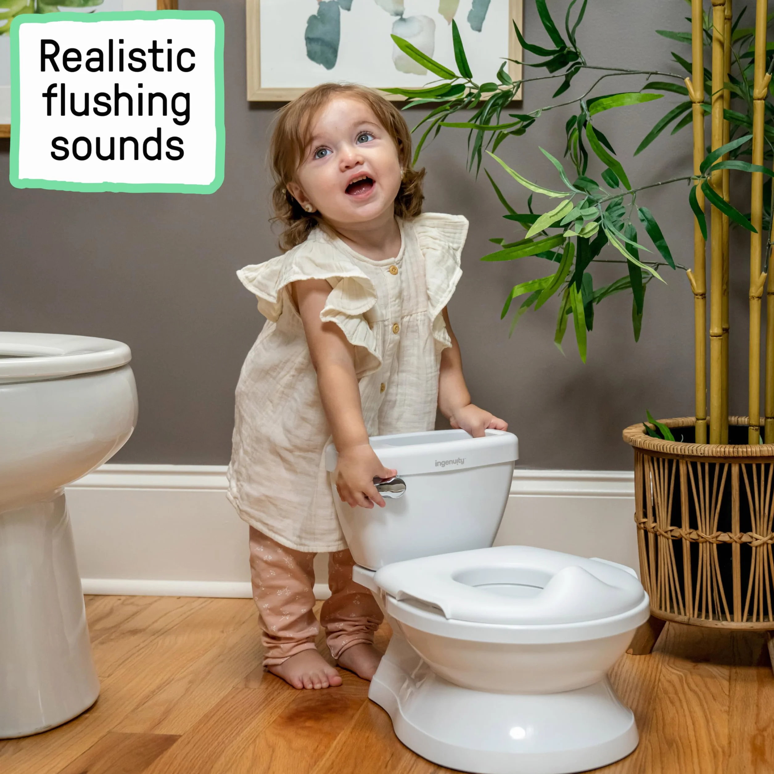 Ingenuity My Size Potty Pro, toaleta do nauki korzystania z nocnika dla niemowląt, realistyczny dźwięk spłukiwania, ochrona przed zachlapaniem, łatwa do czyszczenia, ze zdejmowaną miską