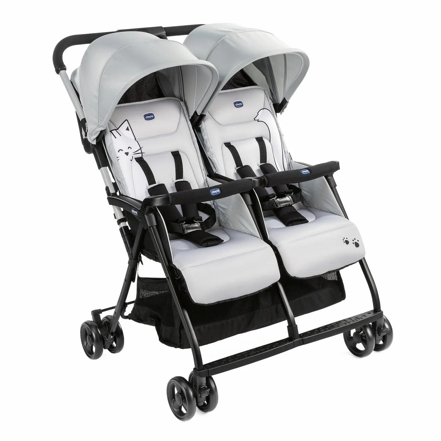Chicco OHlalà Twin Podwójny Wózek Spacerowy od Urodzenia do 15 kg dla Bliźniaków i Rodzeństwa, Lekki Rozkładany i Składany Wózek, Kompaktowy po Złożeniu, Okrycie Przeciwdeszczowe i Powiększana Budka