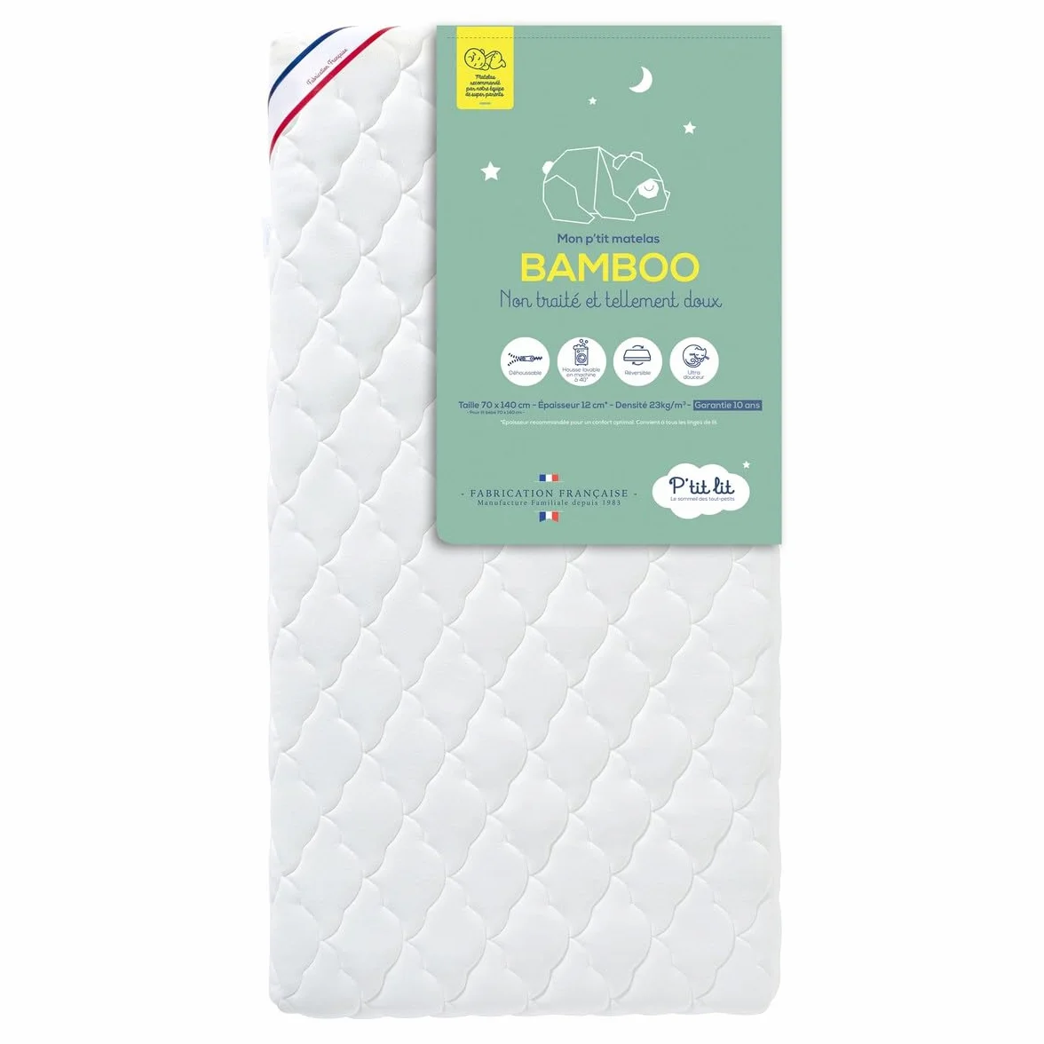 P'tit Lit - Materac dziecięcy Bamboo - 60x120 cm - Miękka i chłonna wiskoza - bez obróbki chemicznej - Zdejmowany - Oeko Tex® - Wyprodukowano we Francji