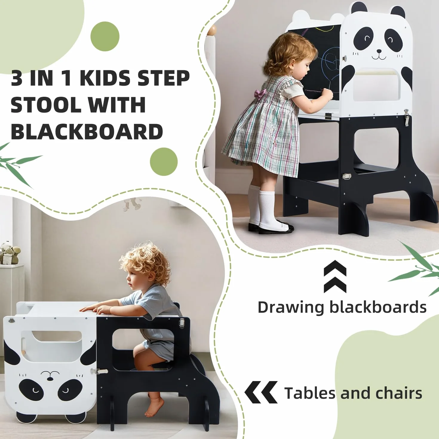 labebe Montessori Learning Tower, składana wieża edukacyjna dla dzieci, 2 w 1, z tablicami informacyjnymi, od 1 roku życia, panda