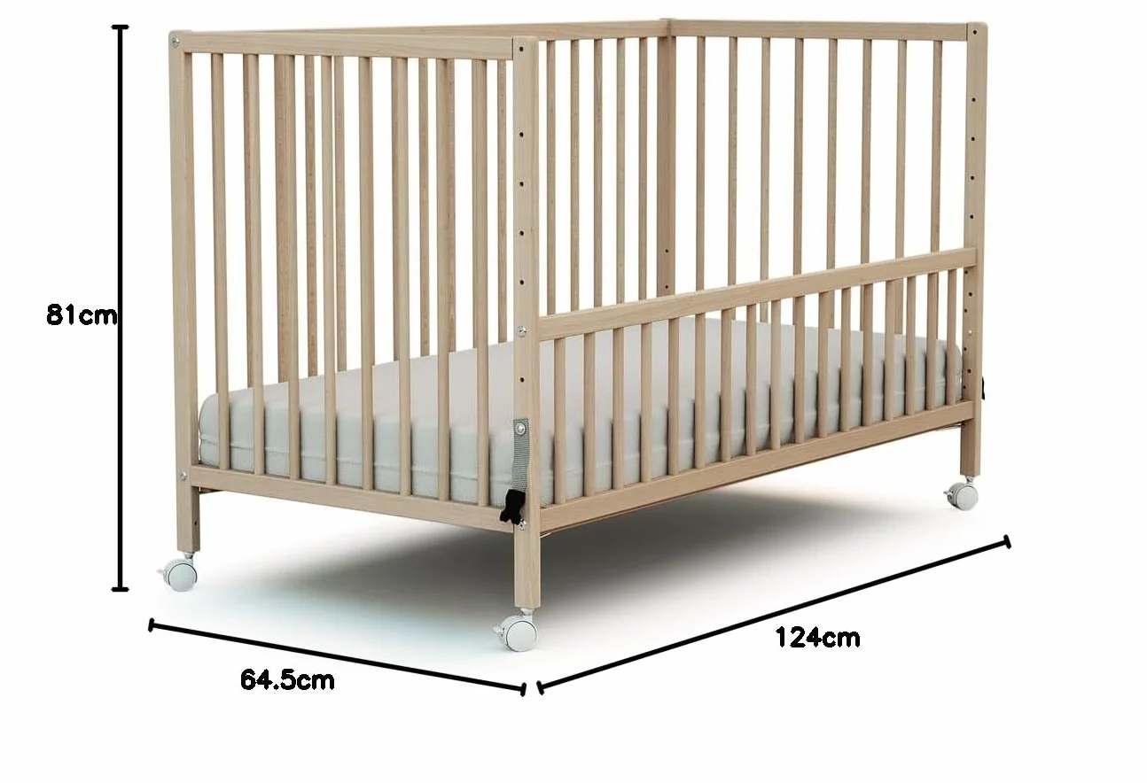 WEBABY - Drewniane łóżeczko dziecięce 60x120cm | Surowy Buk | Lite drewno | Od urodzenia | Regulacja wysokości | Łóżko barowe lub wspólne spanie | Komfort snu | Podstawa listwowa