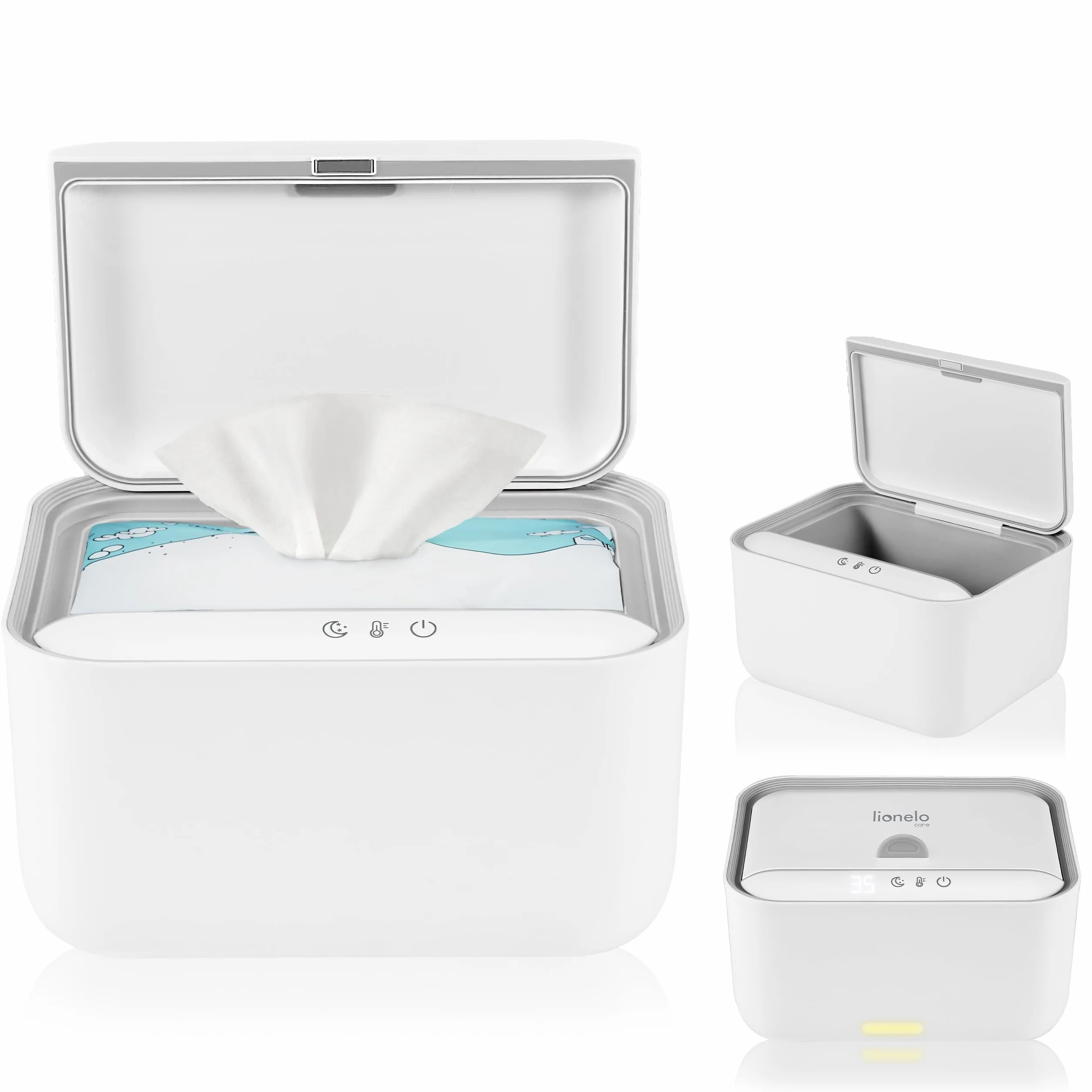 Lionelo BABYBLISS Podgrzewacz do Chusteczek i Małych Ręczników 20W dla Niemowląt, Wbudowana Lampka Nocna, 3 Poziomy Podgrzewania, Dotykowy Panel, Utrzymuje Wilgotność Chusteczek