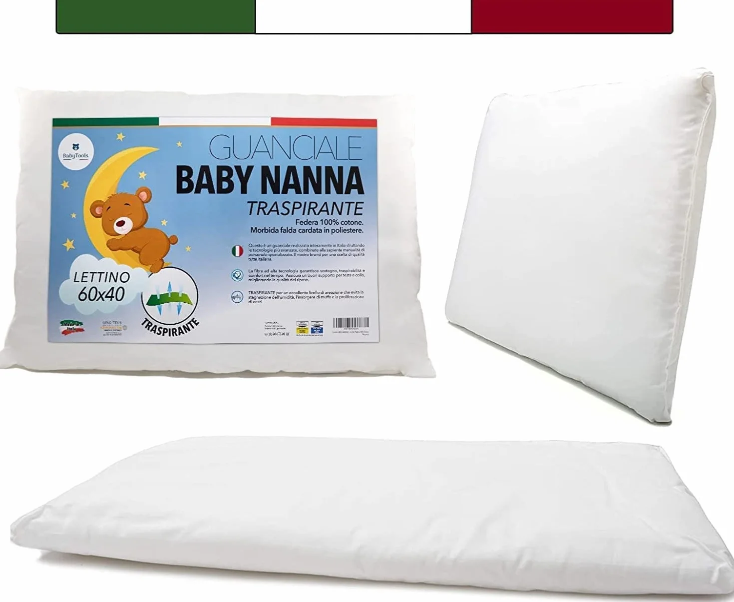 Poduszka do łóżeczka dziecięcego (100% wyprodukowana we Włoszech i OEKO-TEX®) - Oddychająca, Anti-roztocza Z Poszewką 100% Bawełny - Poduszka Dziecka 1, 2, 3 Lata