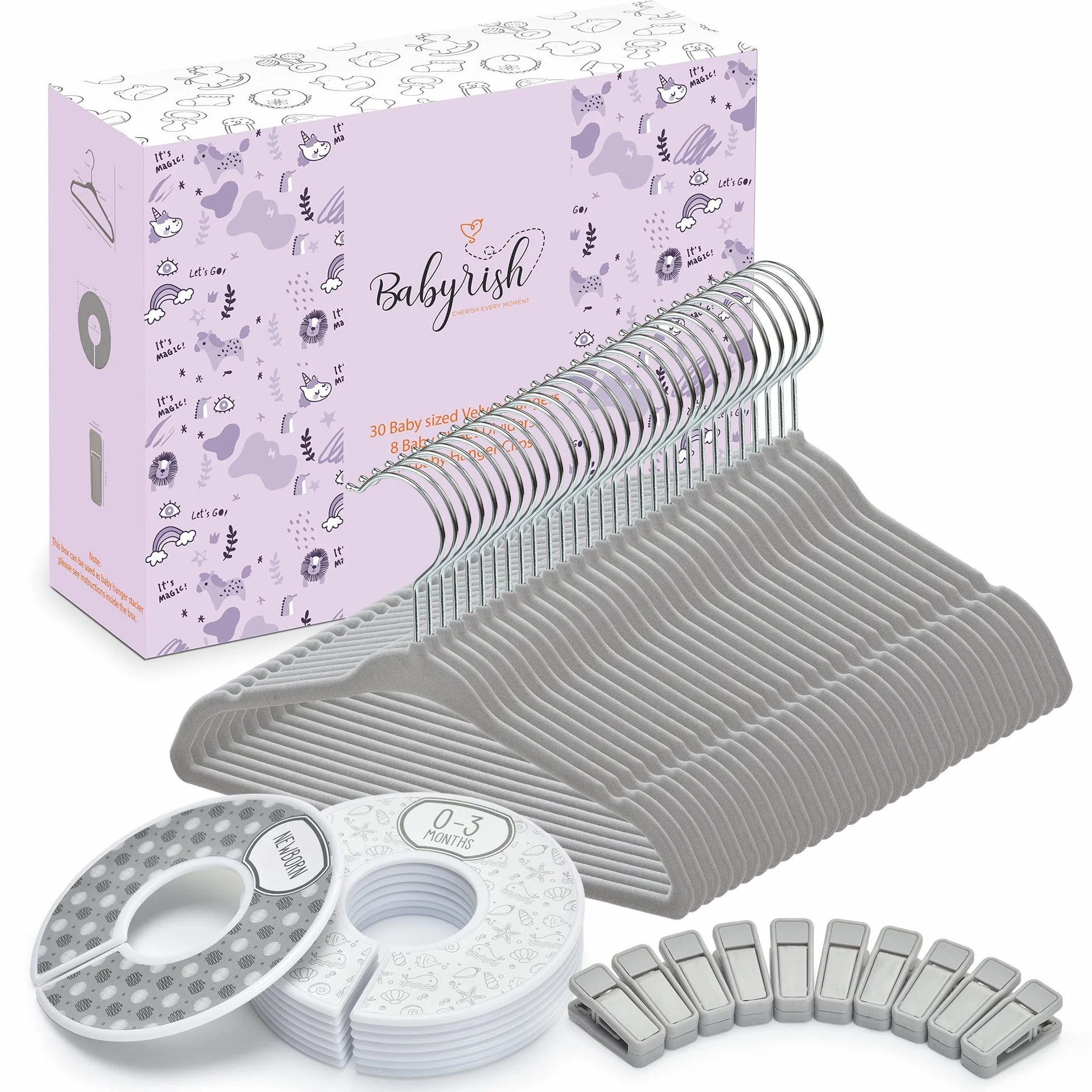Babyrish Velvet Baby Hangers 30 Pack, Ultra Thin Nonslip Nursery Clothes Hangers (Grey)