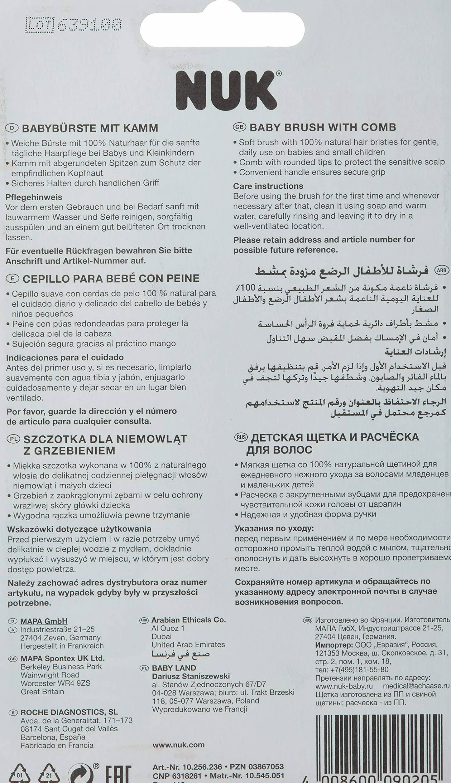 NUK Szczotka dla niemowląt w 100% z naturalnych włosów z grzebieniem z zaokrąglonymi końcówkami, 1 sztuka, różowa