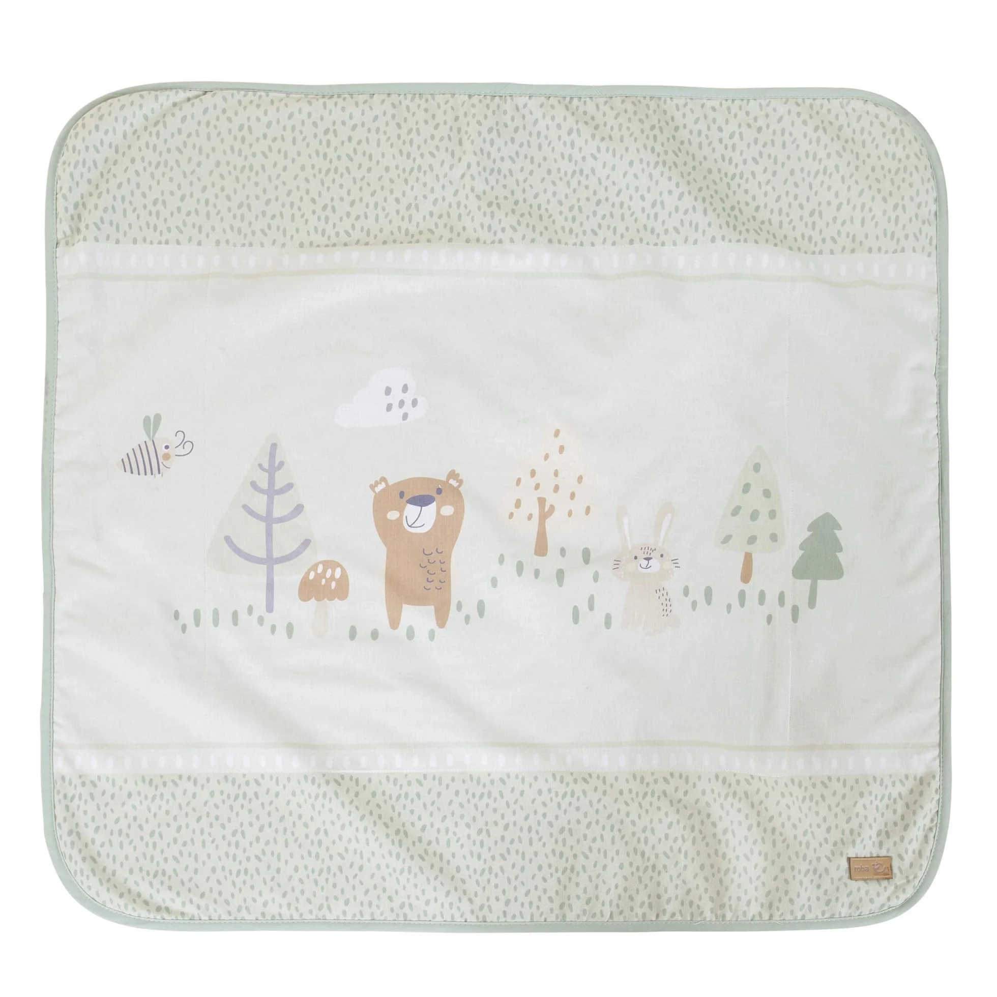 roba kocyk dla niemowląt Woodland Buddies 80 × 80 cm – koc dwustronny – bawełna & polar ultra miękki – motyw misia, zająca & pszczoły – pastelowa zieleń & srebrnoszary