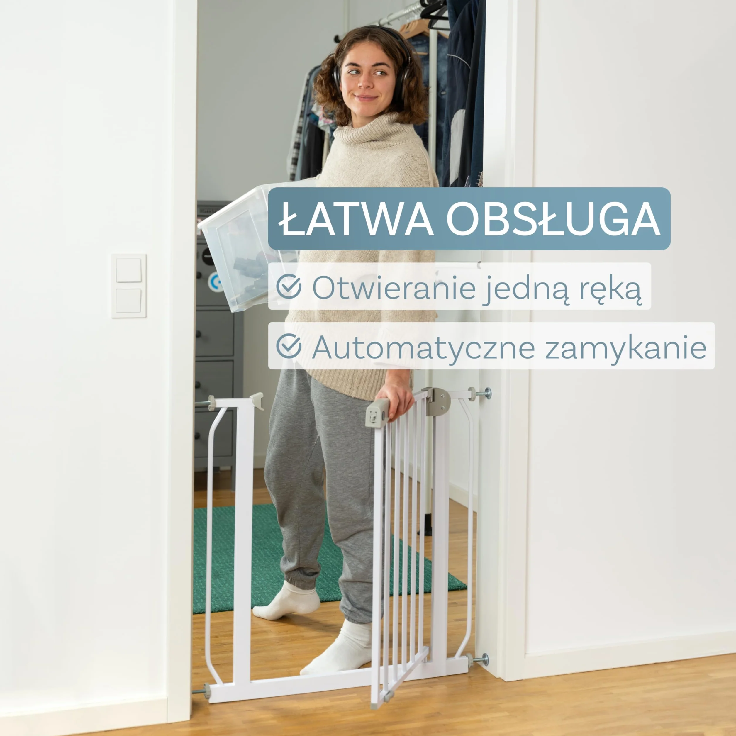 ib style Berrin 75-175 bramka ochronna na drzwi - bramka na schody dla dzieci, samozamykająca się, nie wymaga wiercenia, bezpieczna dla dzieci, 150-160 cm, biało-szara
