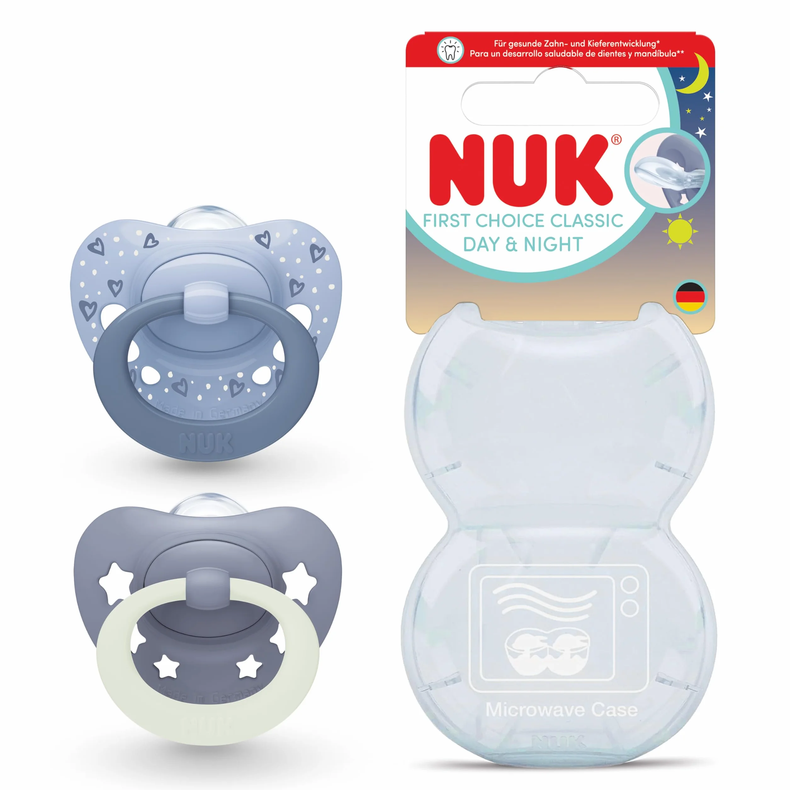NUK First Choice Classic Night Smoczki dla niemowląt | 6-18 miesięcy | Ortodontyczne smoczki świecące w ciemności | 95% akceptacji przez niemowlęta** | Niebieski | 2 sztuki