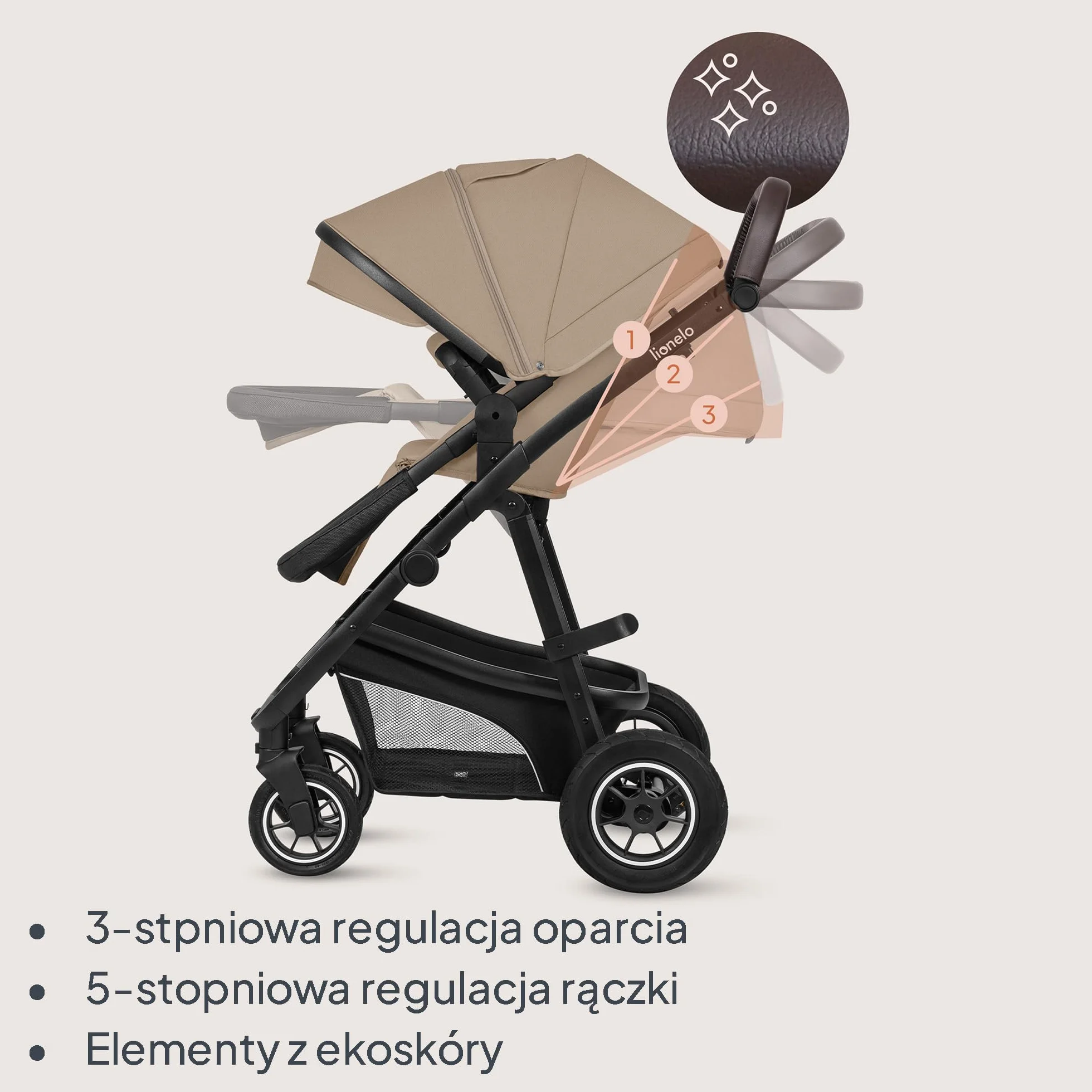 LIONELO BIANKA Wózek Spacerowy Dziecięcy 3 w 1 do 22 kg Gondola Fotelik Samochodowy do 13 kg, Składany, System Podróżny Regulacja Oparcia Koła 360o Amortyzacja, Daszek XXL (Beżowy)