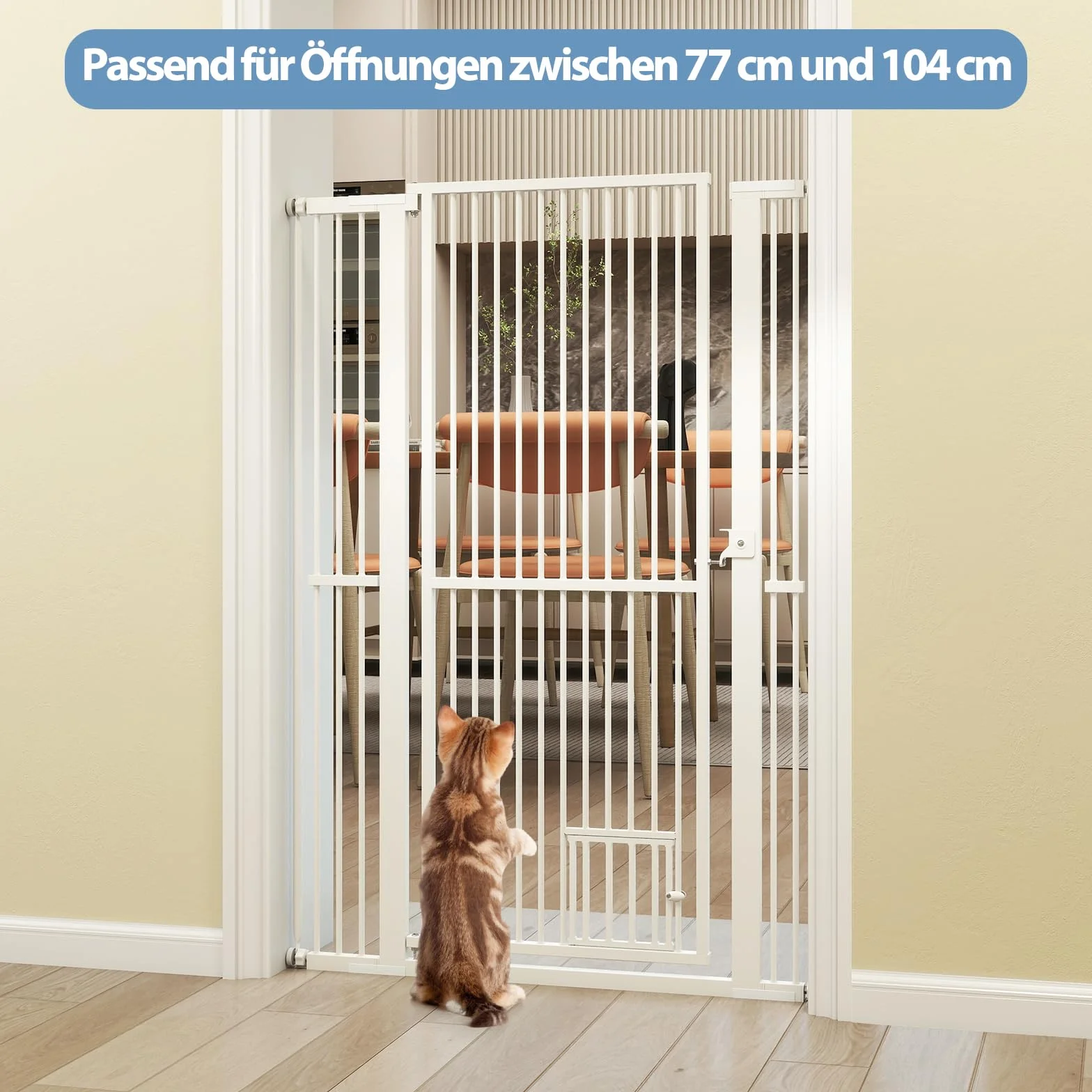 COSTWAY Kratka ochronna na drzwi dla psów, bardzo wysoka, 77-104 cm x 150 cm, kratka ochronna z małymi drzwiami, 2 rozszerzenia, kratka na drzwi bez wiercenia, wysuwana, kratka bezpieczeństwa