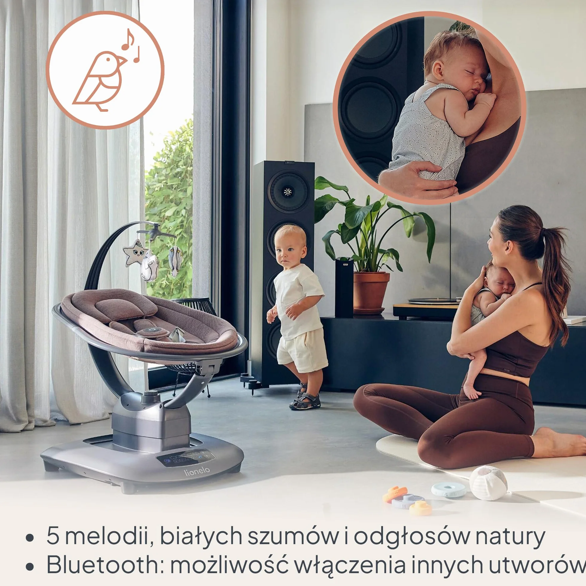LIONELO BLOSSOM Elektryczny Bujaczek Niemowlęcy do 9 kg Leżaczek dla Dzieci Regulacja Oparcia Naturalne Kołysanie 5 Prędkości Ergonomiczne Siedzisko Bluetooth Pilot, 5 Melodii