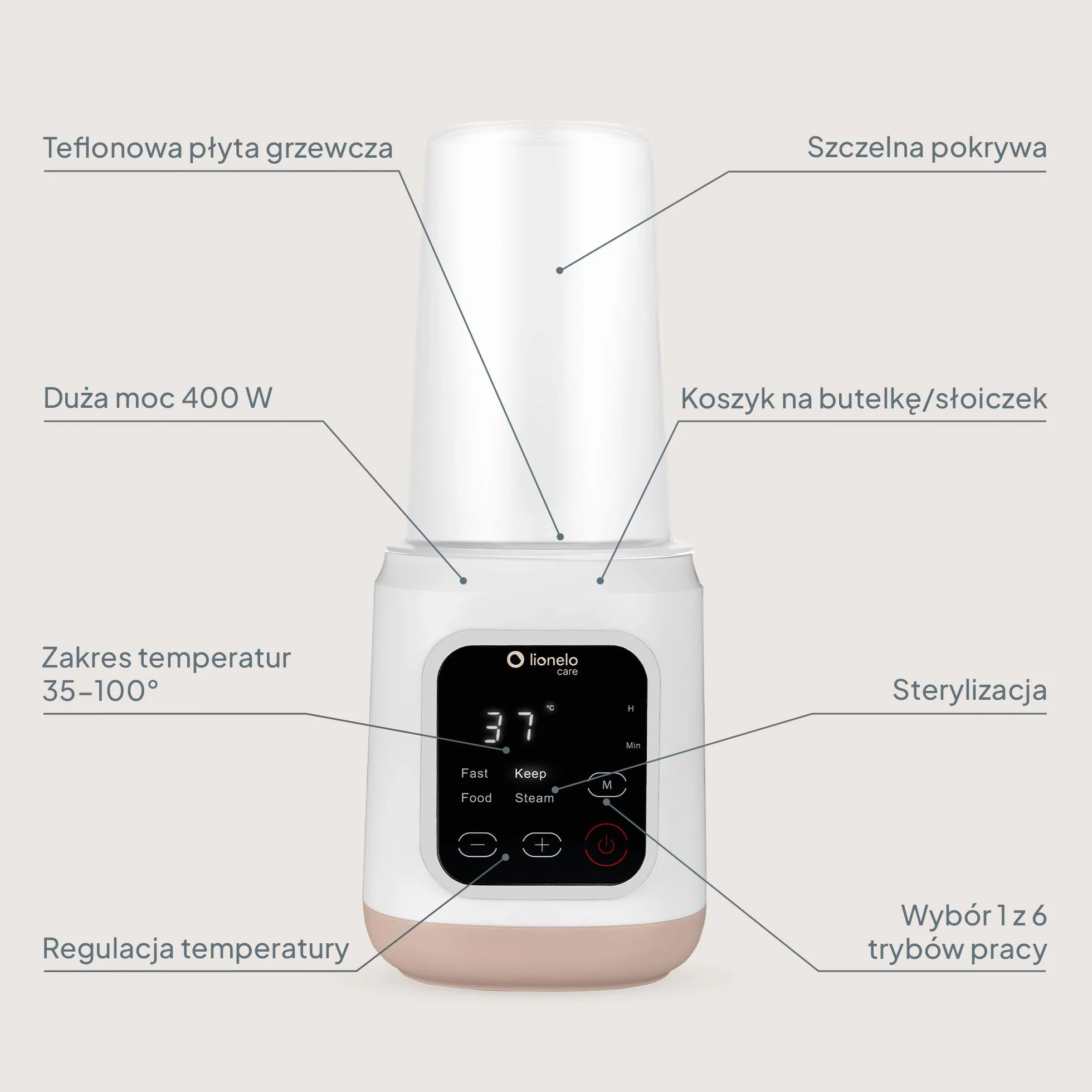 Lionelo Thermup 3.0 Elektryczny podgrzewacz do butelek dla niemowląt 6 w 1 ze sterylizatorem – podgrzewanie, rozmrażanie i sterylizacja posiłków dla niemowląt, 400 W, wyświetlacz dotykowy, 35-100 °C