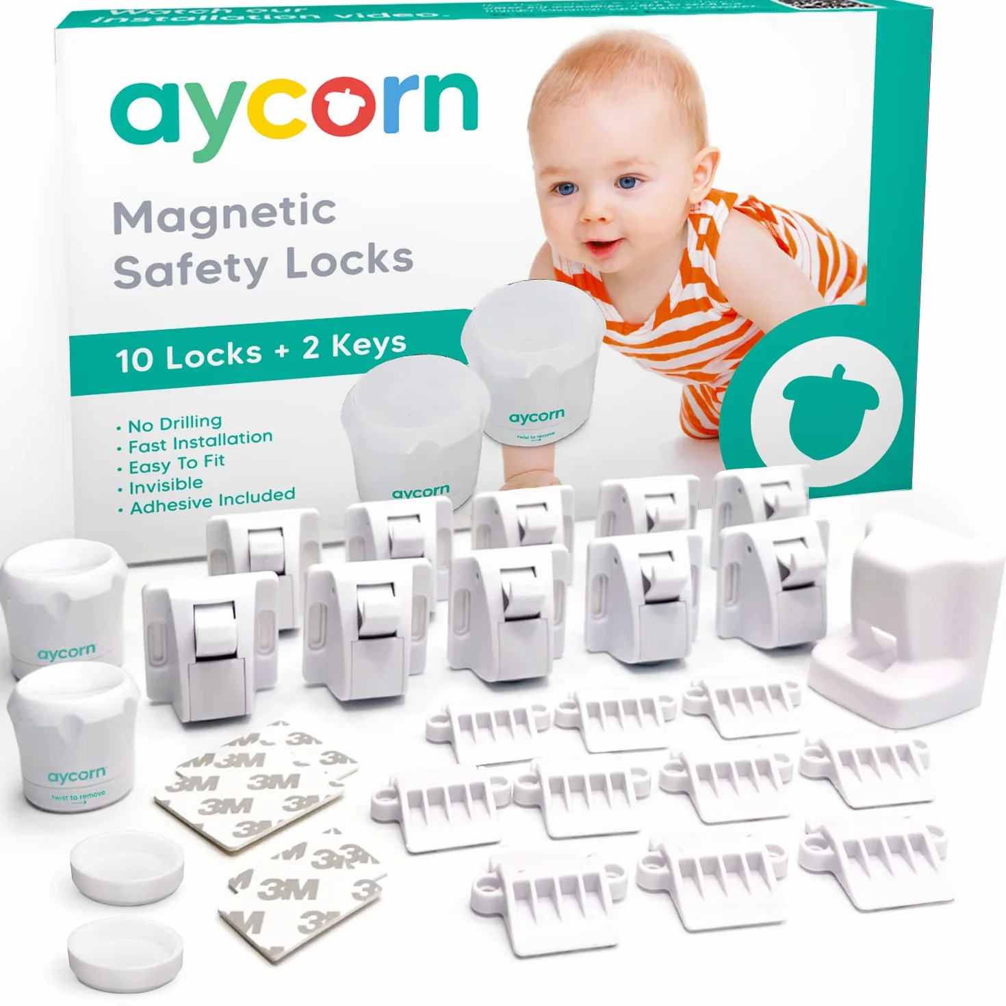 Aycorn Magnetyczne zamki dla niemowląt i dzieci, 10 magnetycznych zatrzasków i 2 klucze, Zamek do drzwi szafy - Szybki montaż i bez śrub - Niewidoczny zamek do szuflad, szaf i drzwi