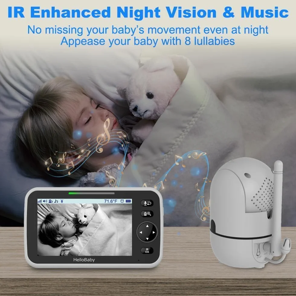 HelloBaby Elektroniczna niania HB6550 z kamerą i noktowizorem, wyświetlacz 15.2 cm z 30-godzinną baterią, monitor wideo Pan-Tilt-Zoom, bez WiFi, 2-kierunkowa rozmowa, temperatura, 8 kołysanek i zasięg