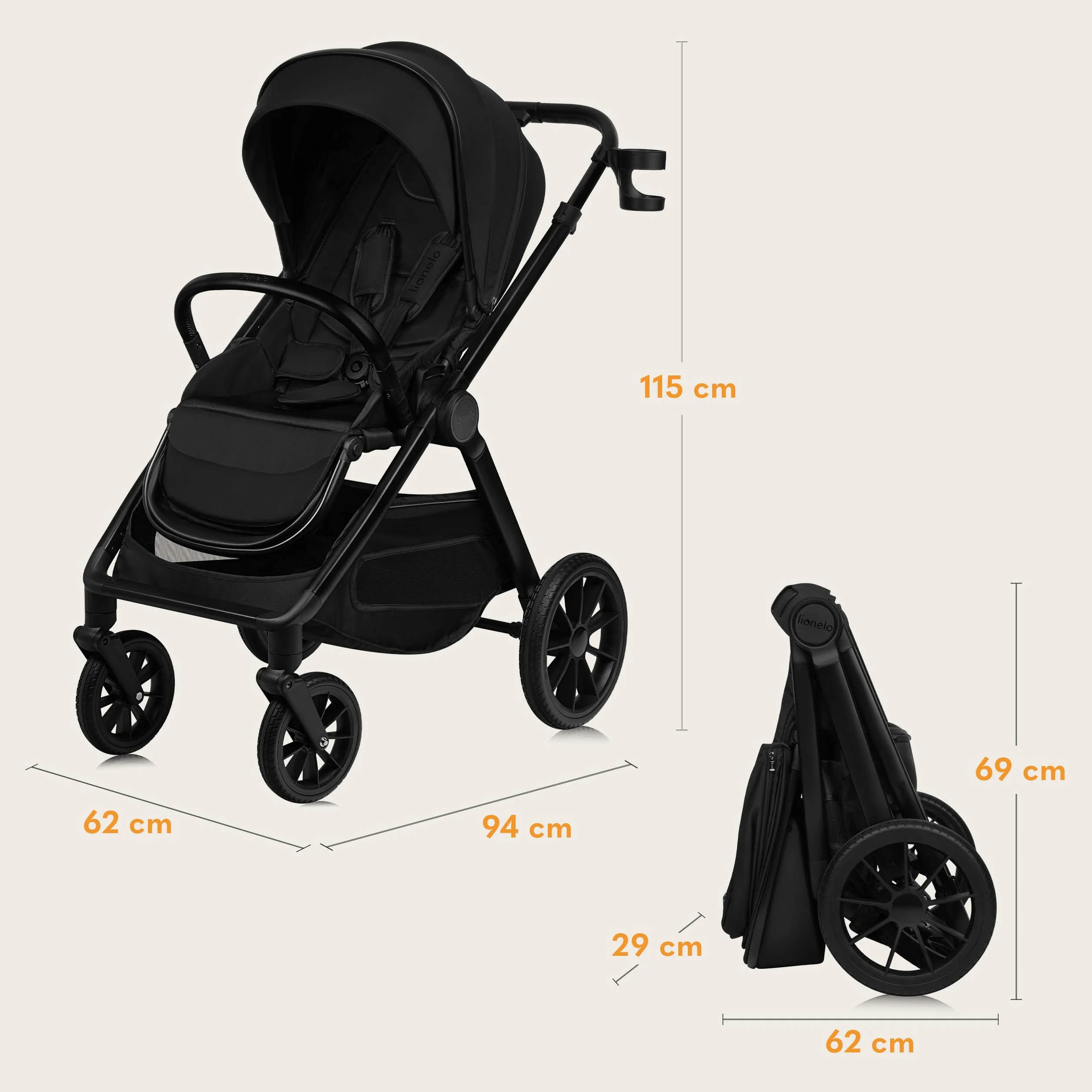 LIONELO LAYLA Wózek dziecięcy 3 w 1 0-48 miesięcy do 22 kg gondola do 9 kg, AiryDots, obracane koła PU o 360°, całkowita amortyzacja Booth XXL (BLACK ONYX)