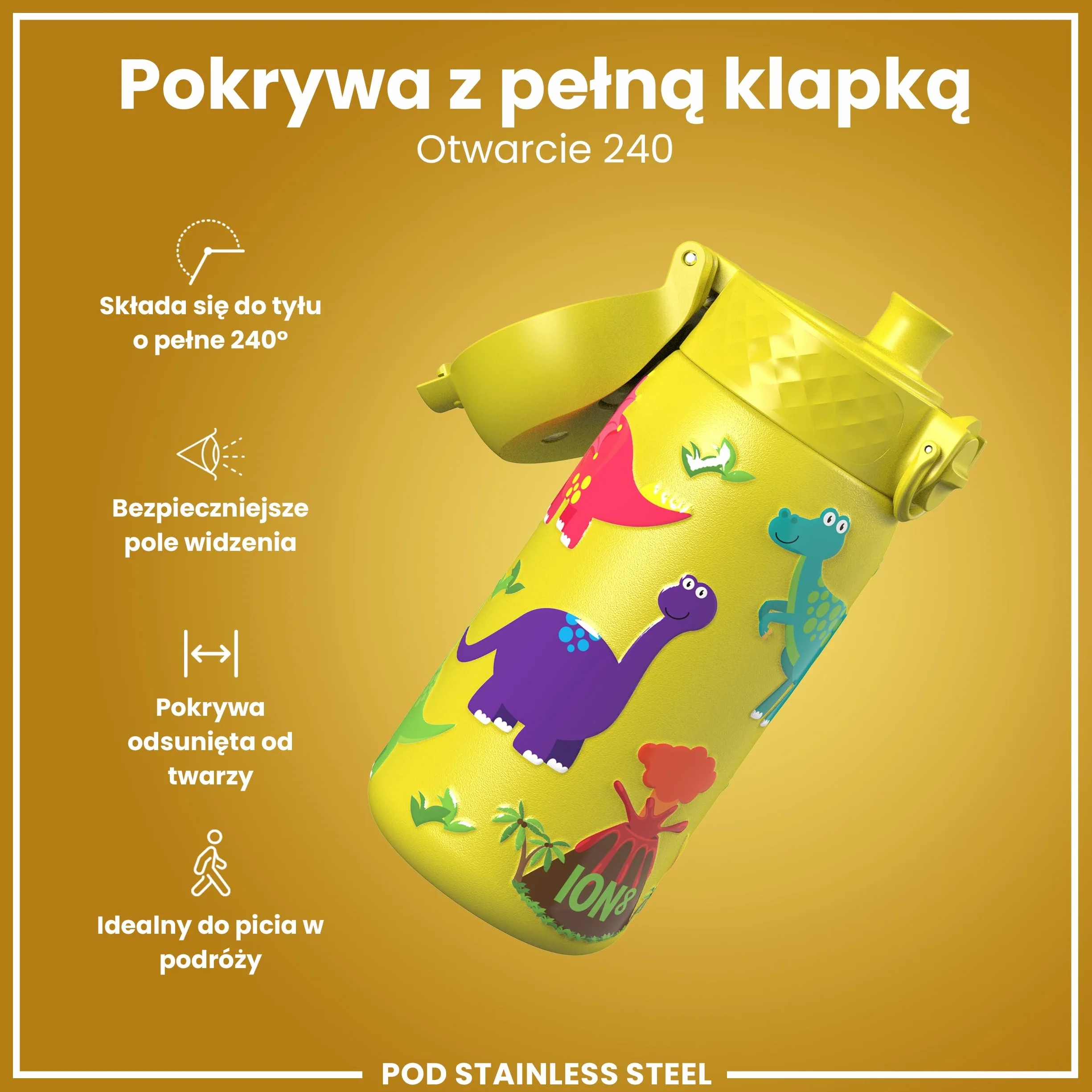 ION8 Butelka na Wodę dla Dzieci ze Lekki Stali, 400 ml/13 oz, Nieocieplany, Szczelna, Łatwa do Otwarcia, Bezpieczny Zamek, Można Myć w Zmywarce, Składany Uchwyt, Łatwa w Czyszczeniu, Dinozaury