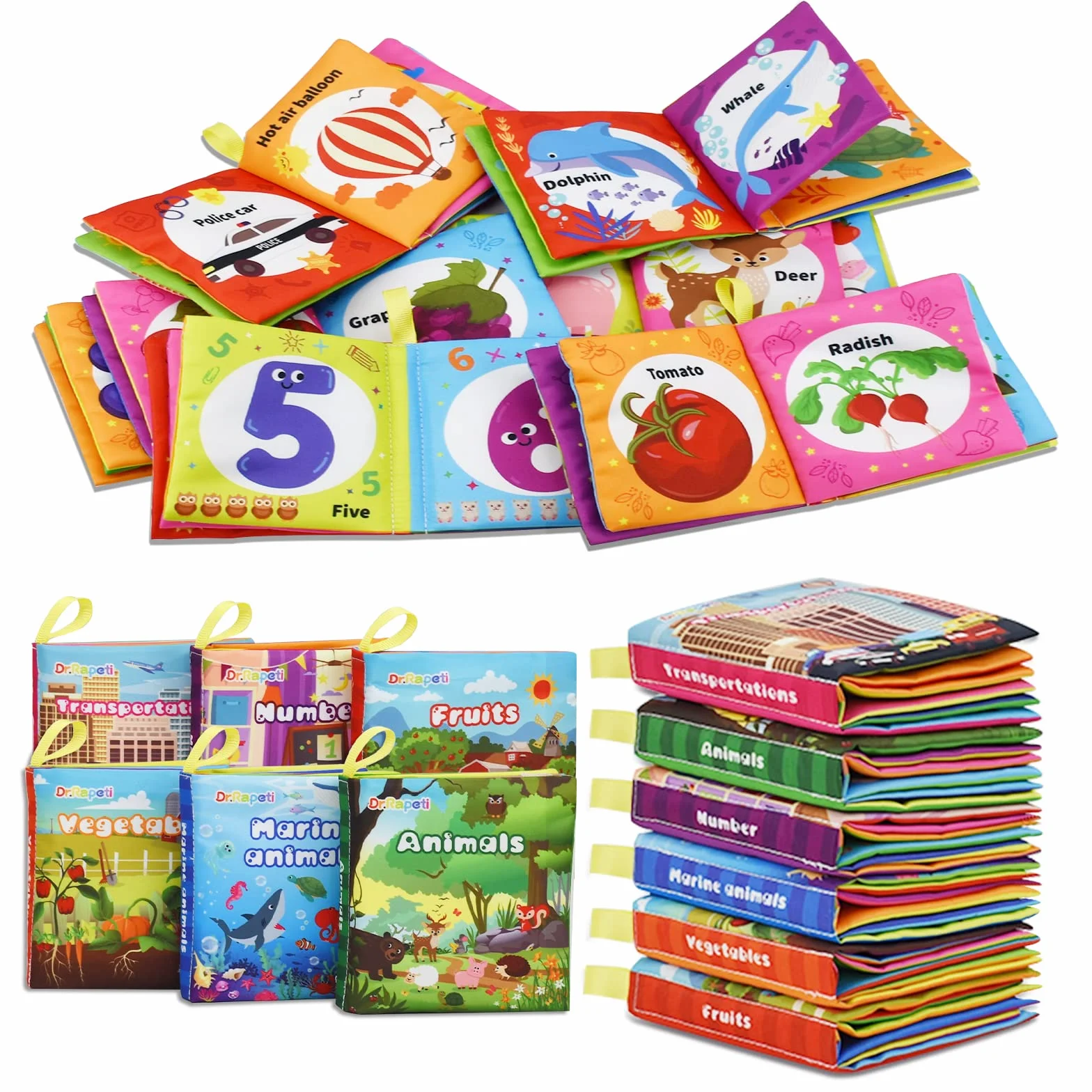 Dr.Rapeti 6 Pack Soft Books - Baby Sensory, Bath, Crinkle Books - Washable, Nontoxic Educational Learning Toy for Infant Toddler Kids