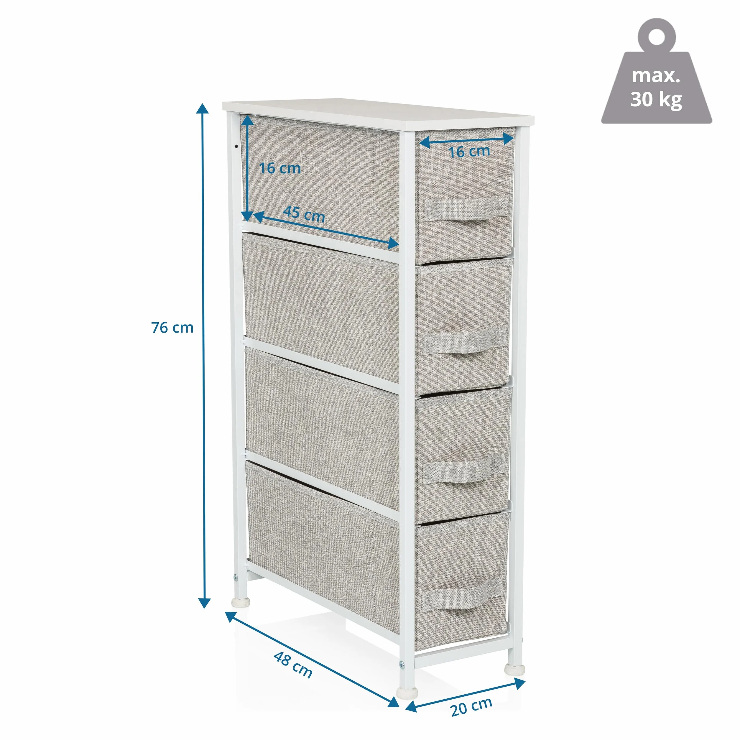 Komoda z 4 Materiałowymi Szufladami Foldress S 20 x 48 x 76 cm Komoda z Szufladami Organizer, Regulowane Stopki, Metalowa Konstrukcja, Szary