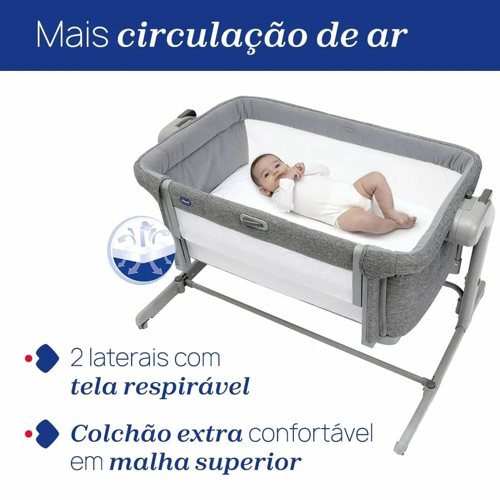 Chicco Next2Me Magic Evo Łóżko boczne łóżeczka dziecięcego z trybem huśtania, odchylanym oparciem, 11 poziomami wysokości, regulowaną wysokością, 4 kółkami, z materacem i torbą podróżną, jasnoszary