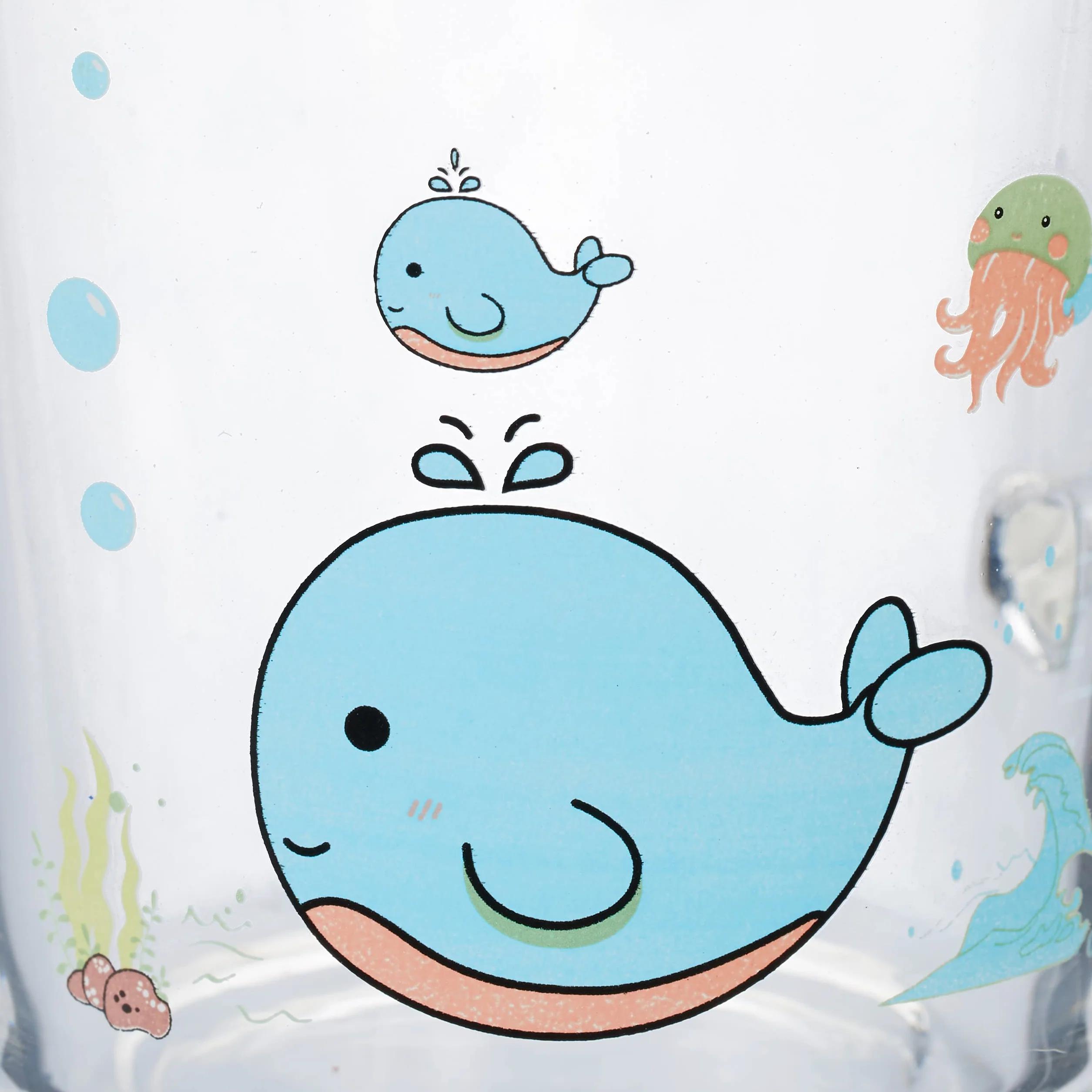 Relaxdays Zestaw 2 szklanek dla dzieci, motyw wieloryba, szklanki do picia dla dzieci, z uchwytem, pokrywką i słomką, skala 400 ml, przezroczyste