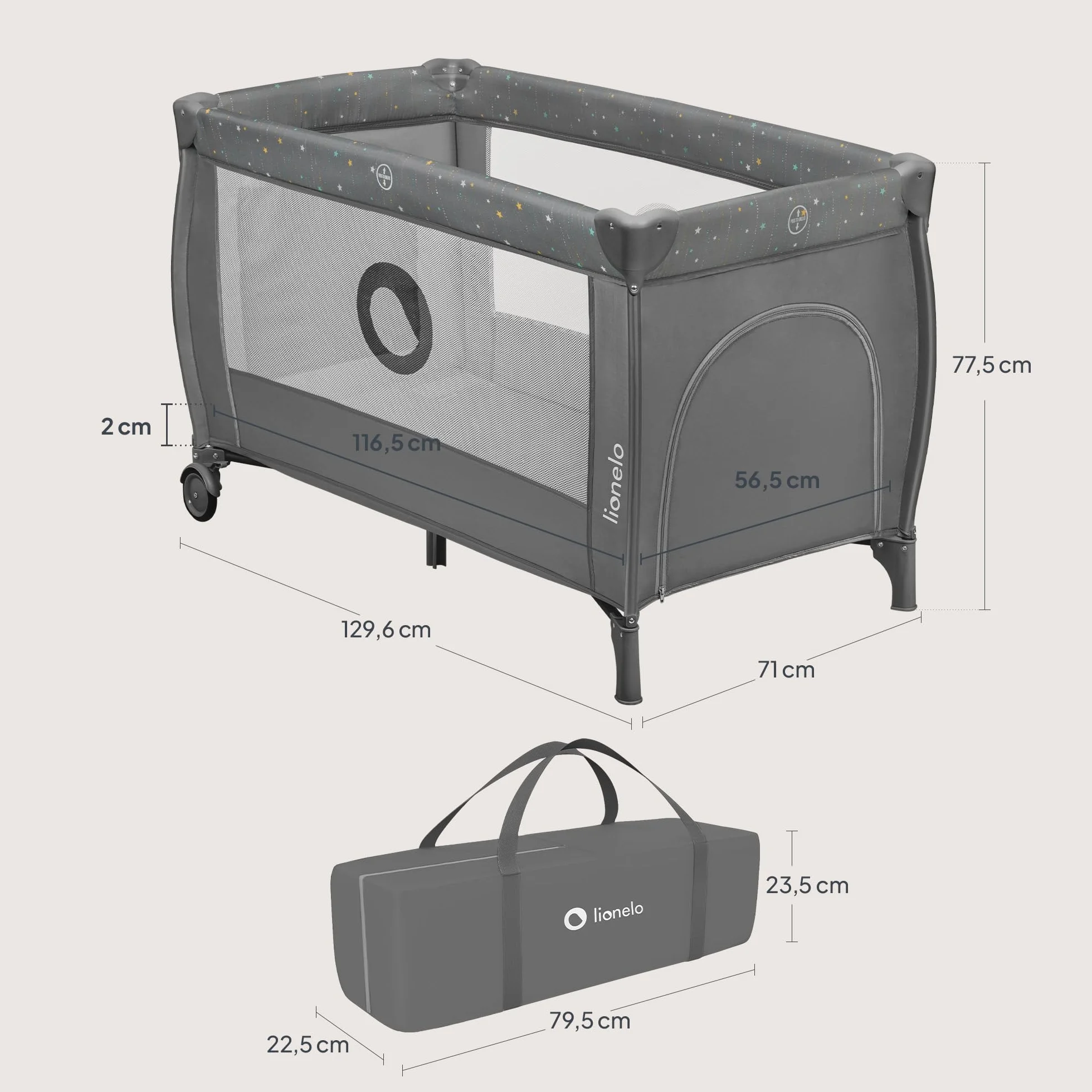 LIONELO Stefi Plus łóżeczko turystyczne 2 w 1 do 15 kg, łóżko dziecięce z materacem, boczne wejście z zamkiem błyskawicznym, wysokiej jakości materac piankowy, szybkie składanie