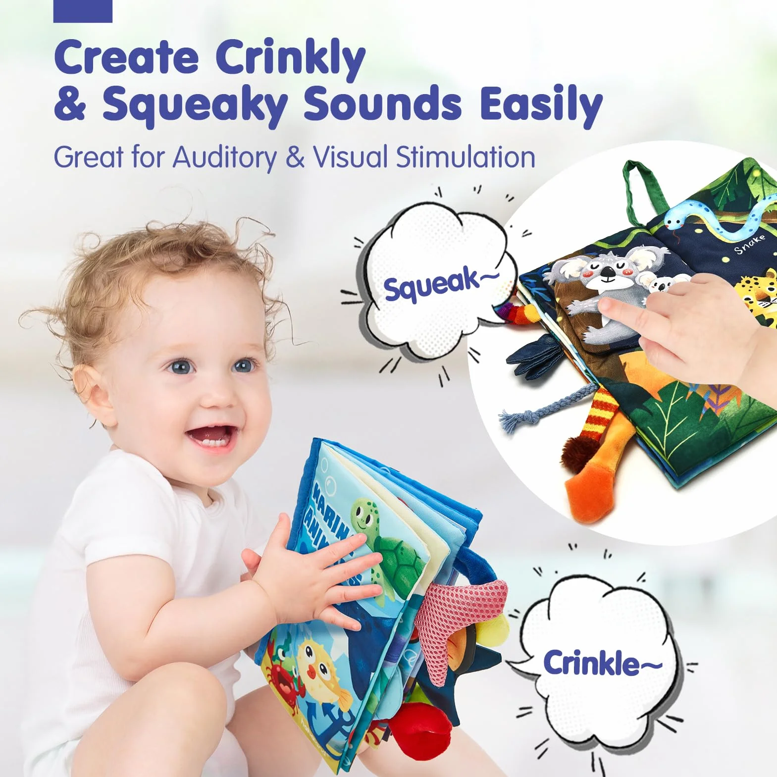 hahaland 2 Pcs Baby Books Toys 0-6 Months Touch Feel Activity Soft Book with Squeaker, Crinkle Paper Baby Essentials for Newborn Sensory Toys 0 3 6 12 Months 1 Year olds Baby Boy Girls Gifts