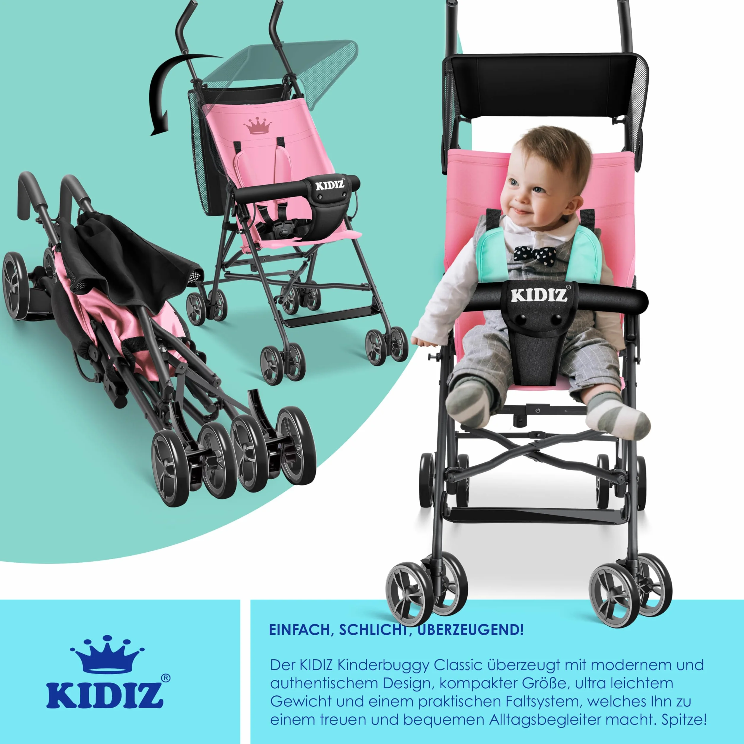 KIDIZ® CITY Wózek dziecięcy Wózek dziecięcy Uniwersalny składany wózek sportowy, składany, 4-calowe kółka obrotowe 360°, osłona przeciwsłoneczna i ochrona przed deszczem