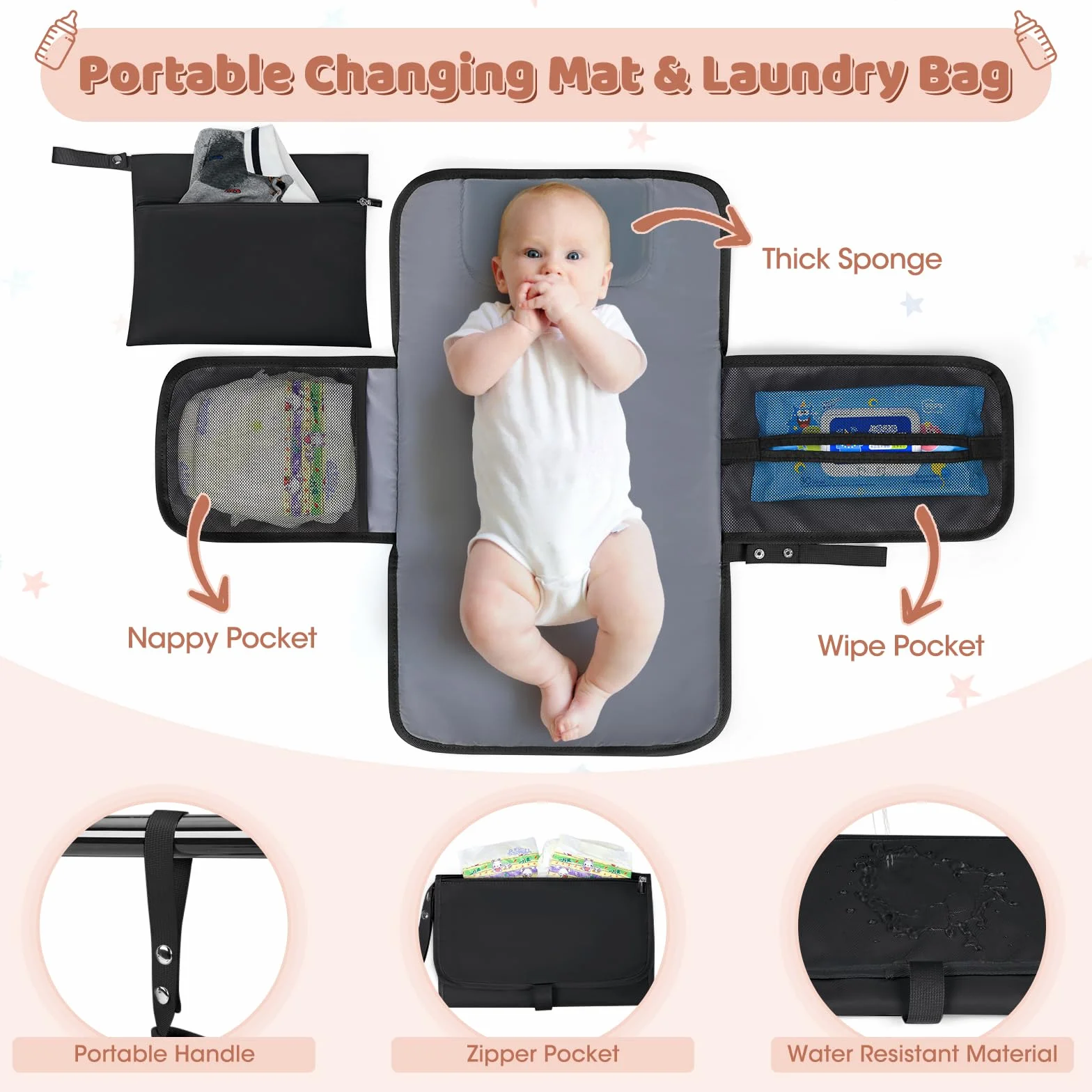 RAINSMORE Plecak do przewijania niemowląt, duża torba do przewijania, plecak z paskami do wózka dziecięcego i podkładką do przewijania, torba podróżna Diaper Bag, kolor czarny