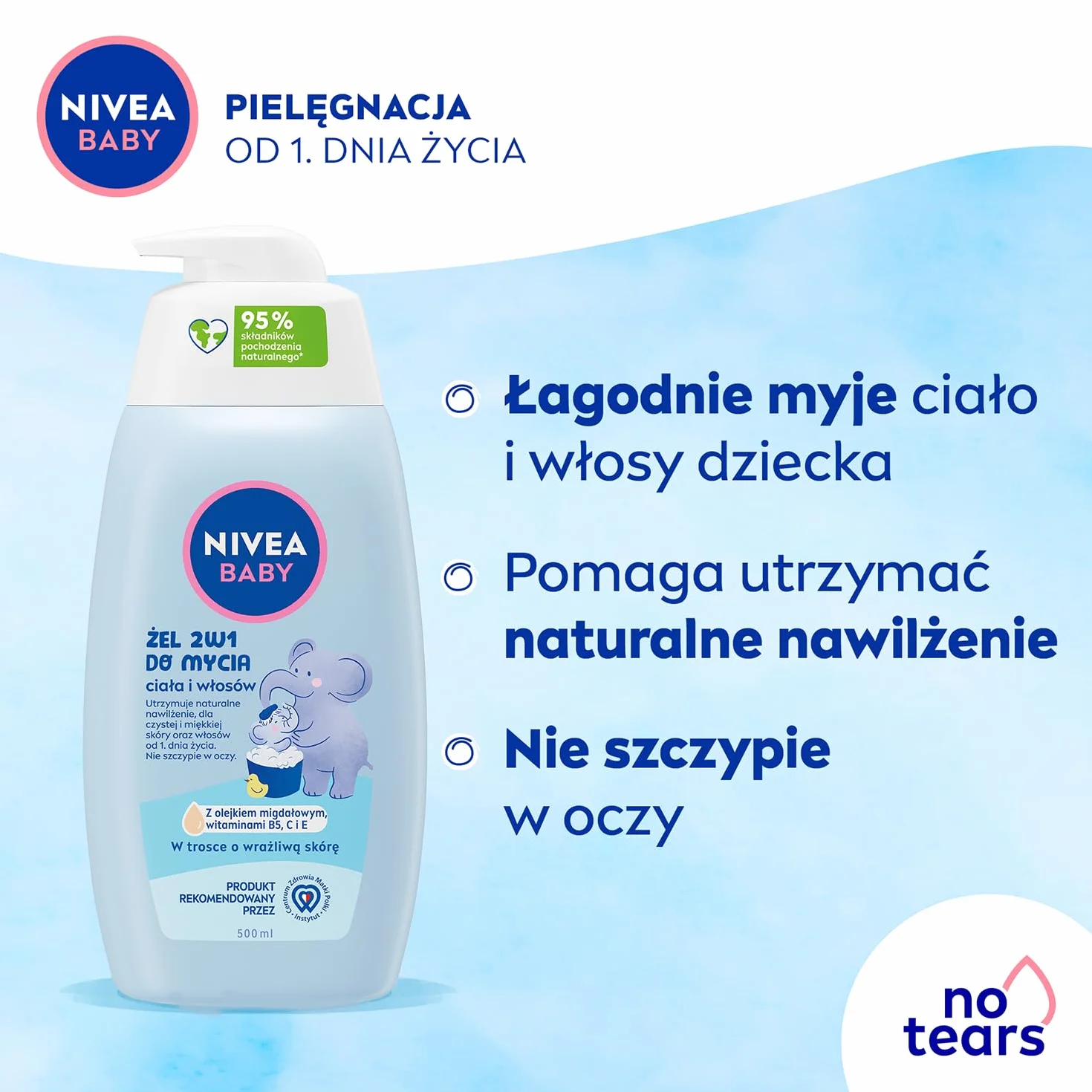 NIVEA BABY Żel 2w1 do Mycia Ciała i Włosów, 500 ml z Pompką