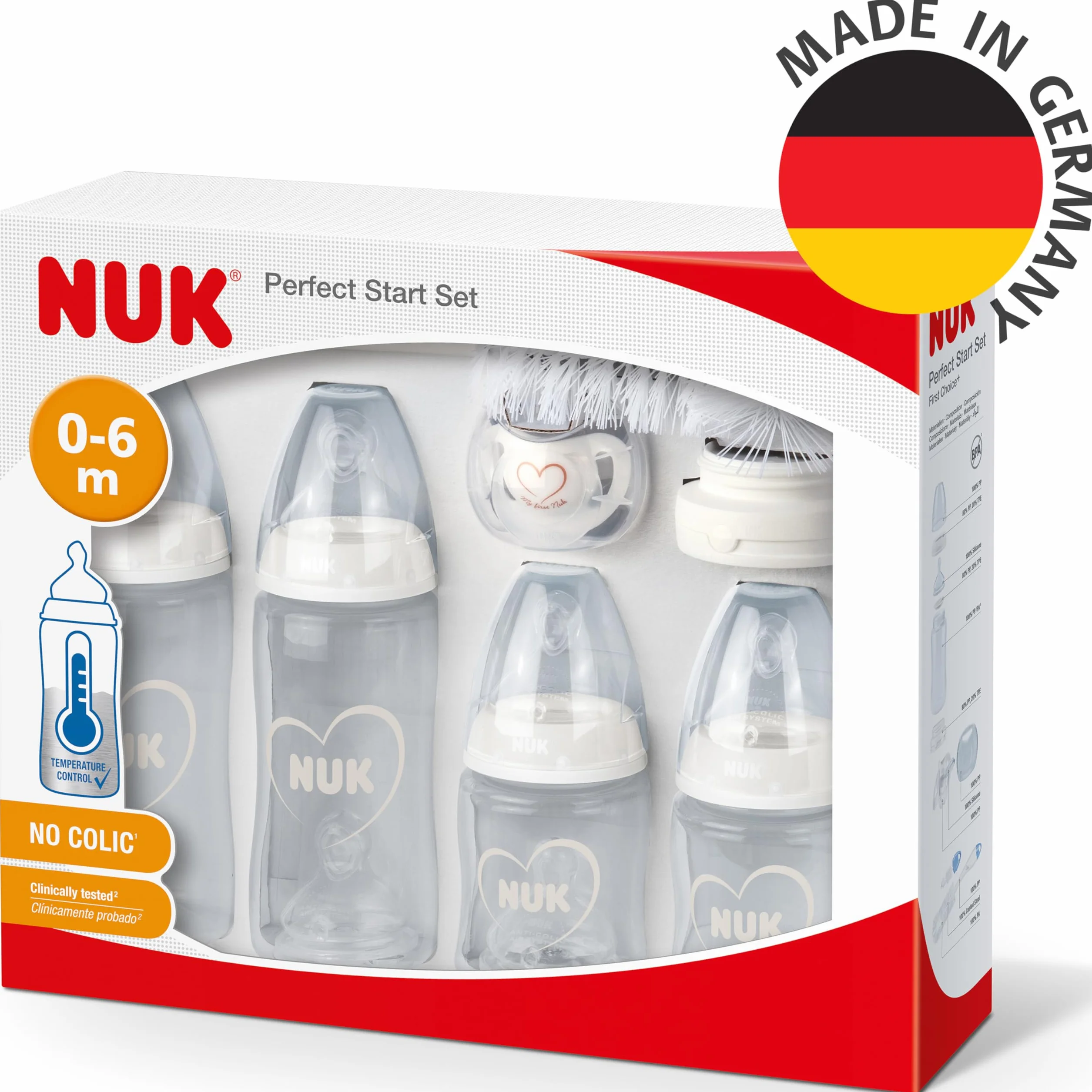 Zestaw butelek dla niemowląt NUK Perfect Start First Choice+ | 0-6 miesięcy | 4 butelki z kontrolą temperatury, smoczek, szczoteczka do butelek i akcesoria | Nie zawiera BPA | Szary i biały | 10 sztuk