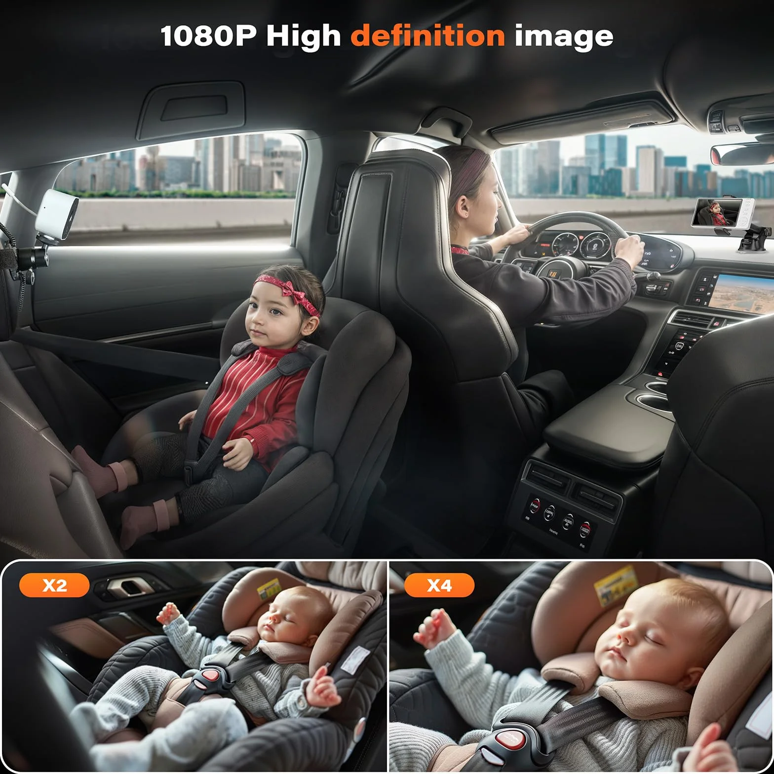 APPS2Car Elektroniczna niania 2 w 1, 5''1080p, kamera na tylne siedzenie, monitor dziecka z 2-drożnym dźwiękiem, widoczność w nocy na podczerwień, kontrola temperatury, łatwa instalacja, elektroniczna