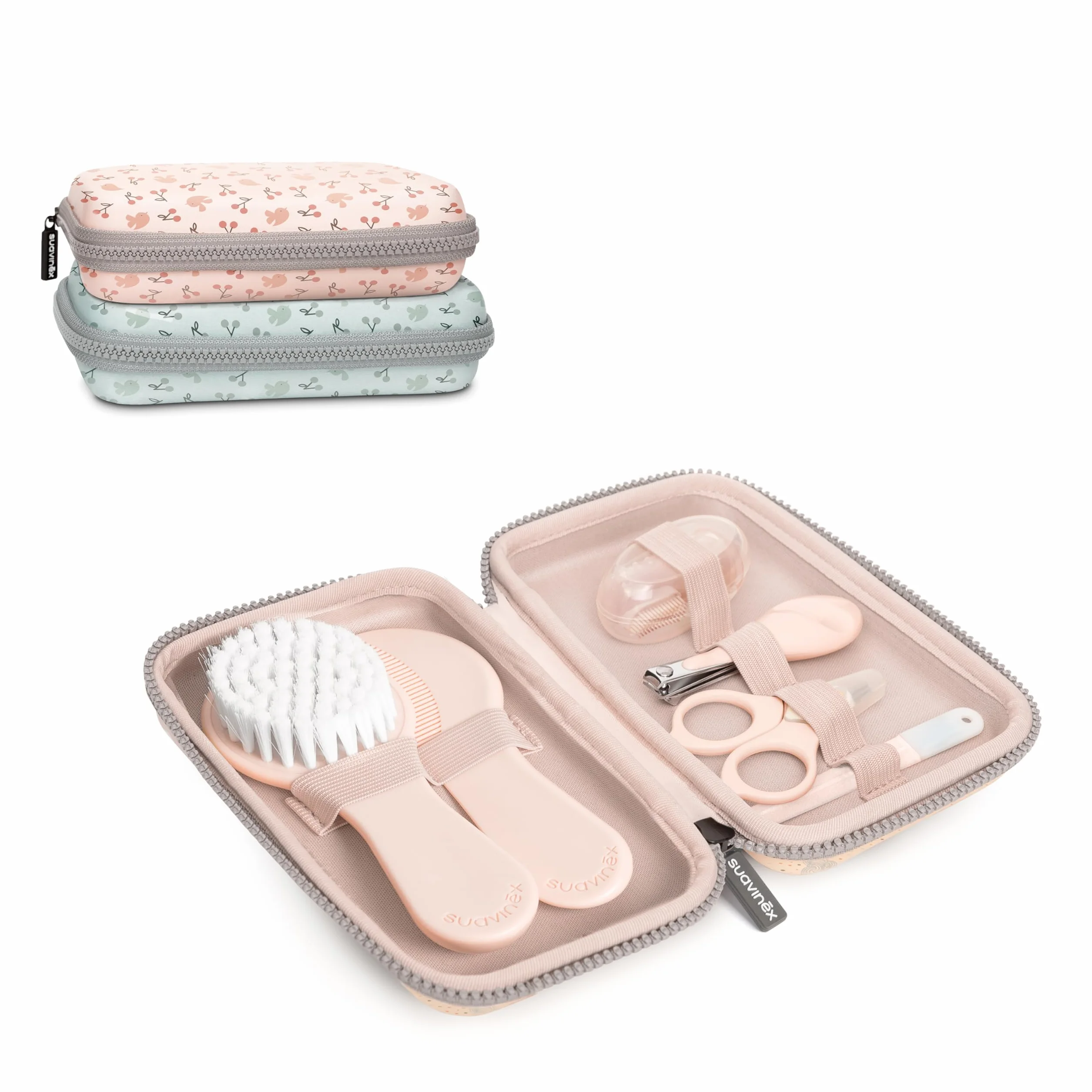 Suavinex, Zestaw do pielęgnacji niemowląt, kompletny i przenośny zestaw do manicure, zawiera: szczotkę i grzebień + szczoteczkę do zębów + nożyczki + pilnik + obcinacz do paznokci, 6-częściowy, różowy