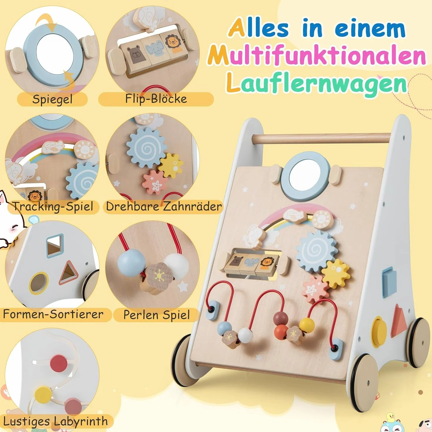 FANTASK Montessori Baby Walker wózek do nauki chodzenia 7 w 1, z drewnianym pudełkiem do przechowywania, z planszą do zabawy, lustrem i klockami, dla chłopców i dziewczynek od 1 roku życia