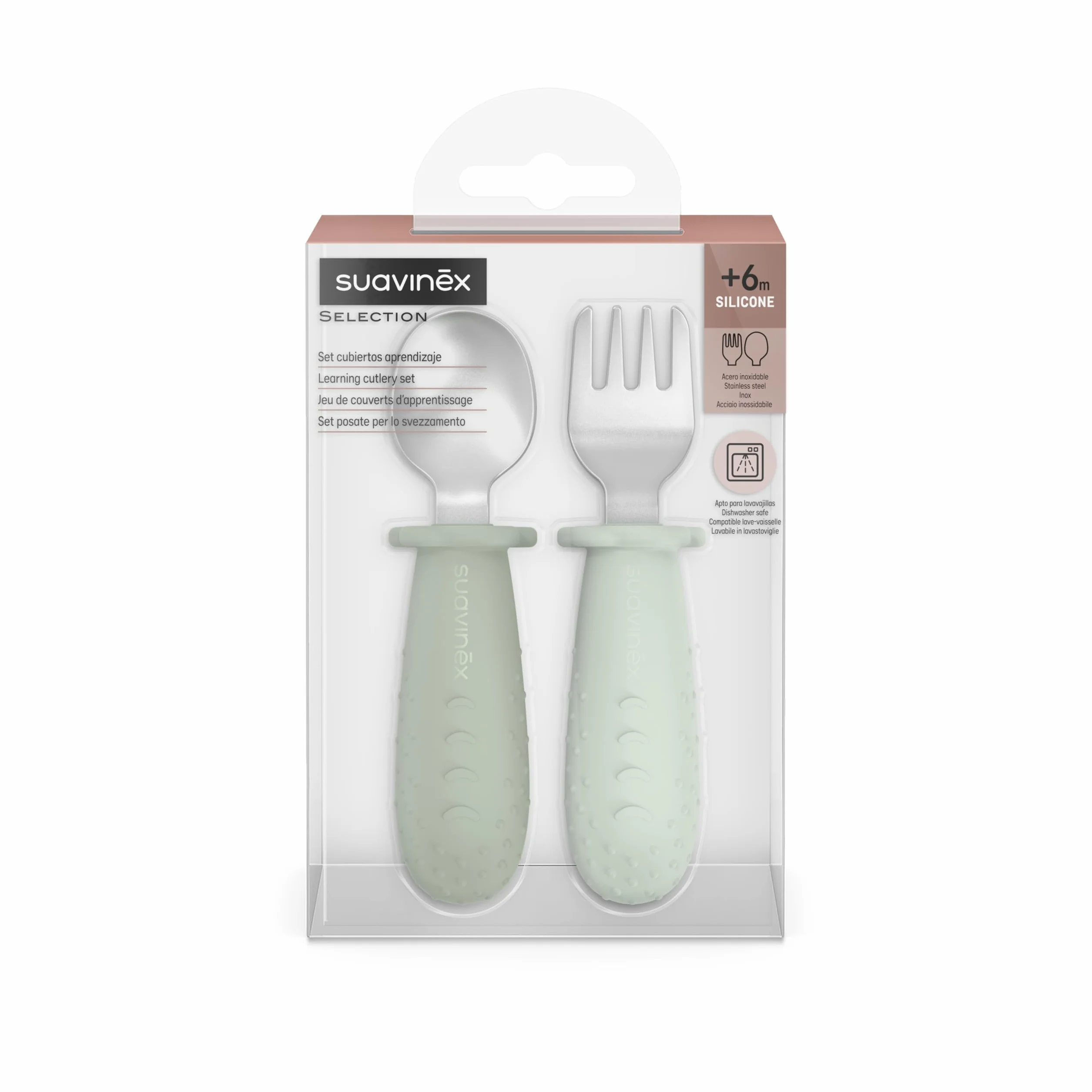 Suavinex, Sztućce do nauki dzieci, łyżka i widelec ze stali nierdzewnej, antypoślizgowy silikonowy uchwyt, ergonomiczny, BLW, i +6 miesięcy, można myć w zmywarce, zielony