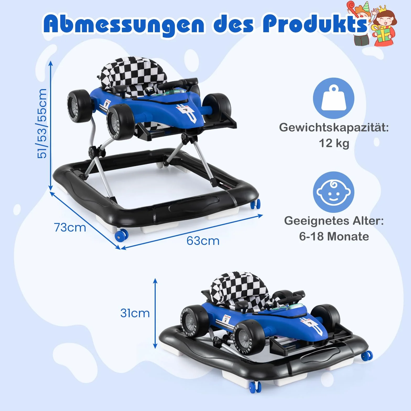 COSTWAY Pomoc w nauce chodzenia 4 w 1, wózek do nauki chodzenia, składany, z regulacją wysokości, Baby Walker w kształcie samochodu z kierownicą i pozytywką, wózek z kółkami dla dzieci w wieku 6-18