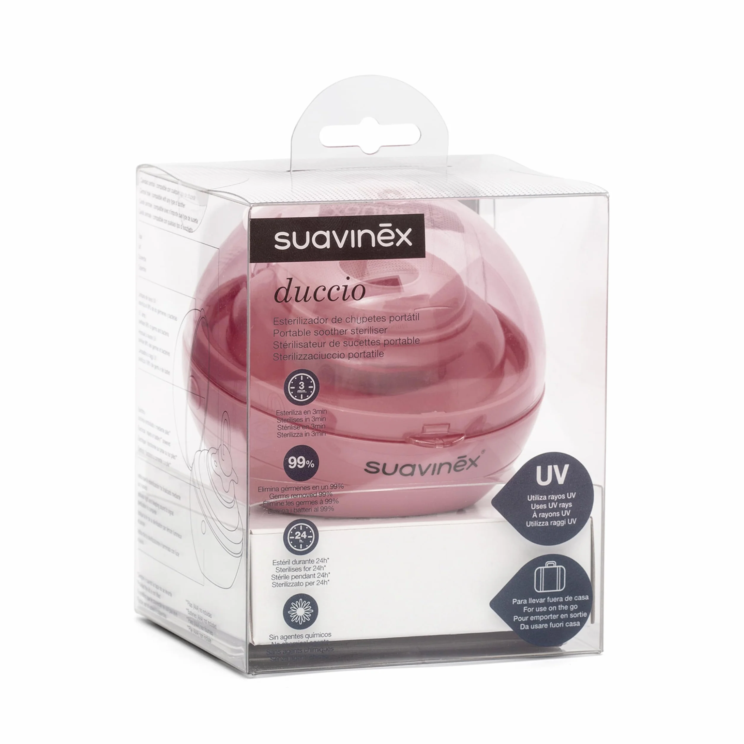 Suavinex, Przenośny sterylizator smoczków ze światłem UV UV, eliminuje 99% zarazków w 3 minuty, zasilany bateriami lub USB, bezpieczny, bez środków chemicznych, idealny do podróży, różowy Duccio