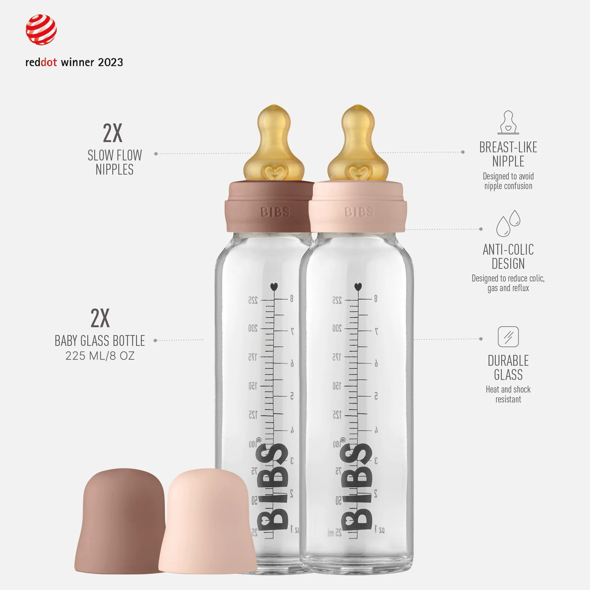Butelka ze szkła BIBS. Antykolka, zestaw 2 szt. Okrągły smoczek z naturalnego lateksu kauczukowego, wspomaga naturalne karmienie piersią, kompletny zestaw - 225 ml (opakowanie 2), różowy/woodchuck