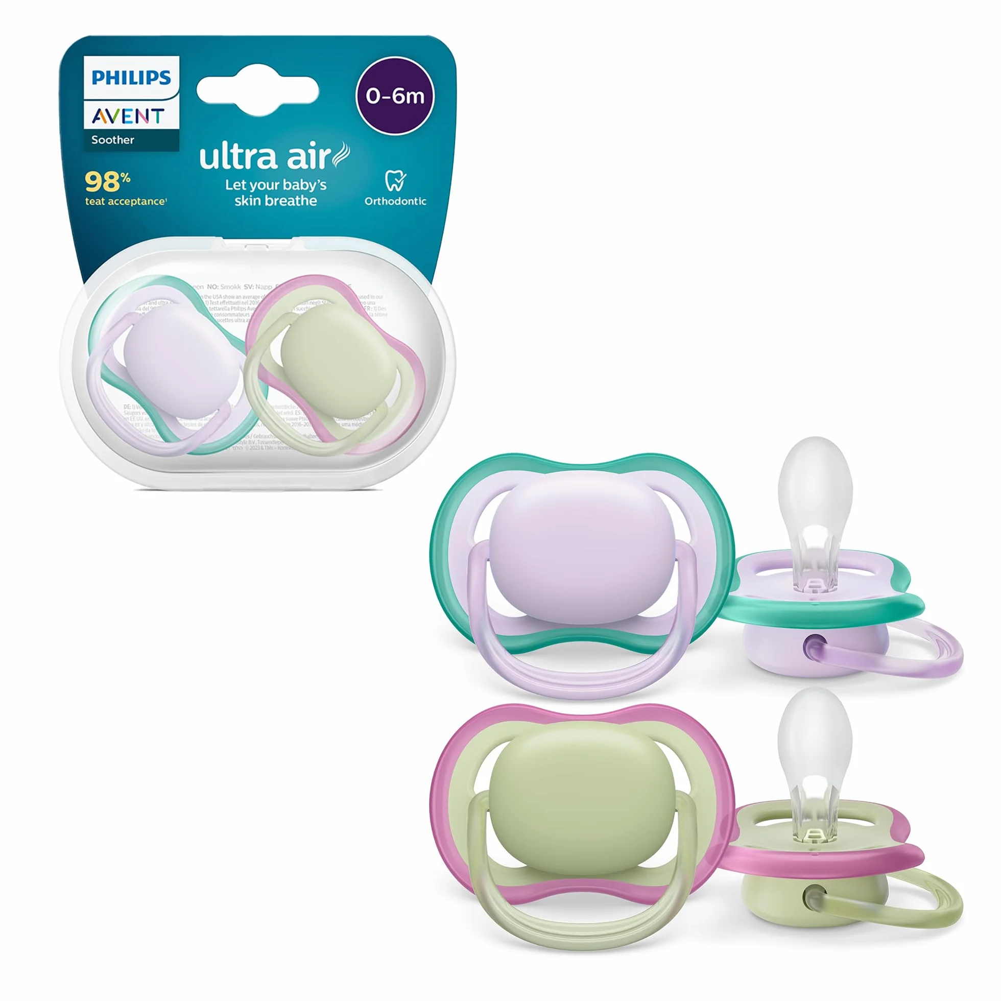 Philips Avent Ultra Air Smoczki, lekkie, przepuszczające powietrze smoczki dla dzieci w wieku 0–6 miesięcy bez bisfenolu A, z etui ze sterylizatorem, model SCF085/24