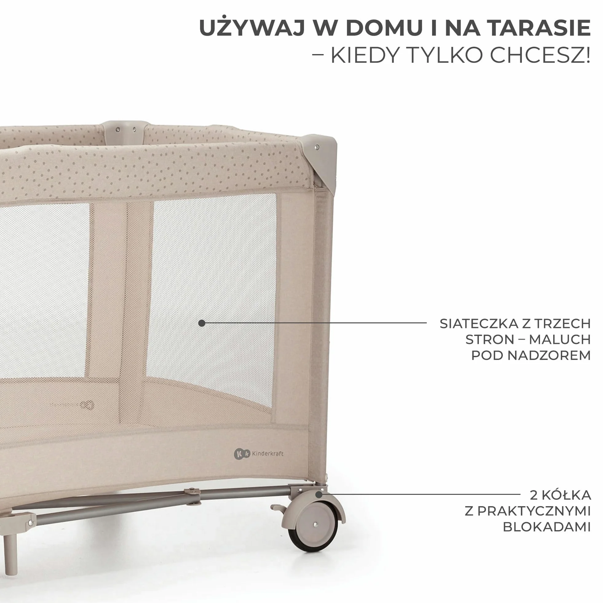 Kinderkraft JOY ACC 2 Łóżeczko turystyczne 3 w 1, Boczne wejście, Szybkie składanie i rozkładanie, Zabezpieczenie przed złożeniem, Kółka i torba ułatwiające transport, Pałąk z zabawkami, Beżowy