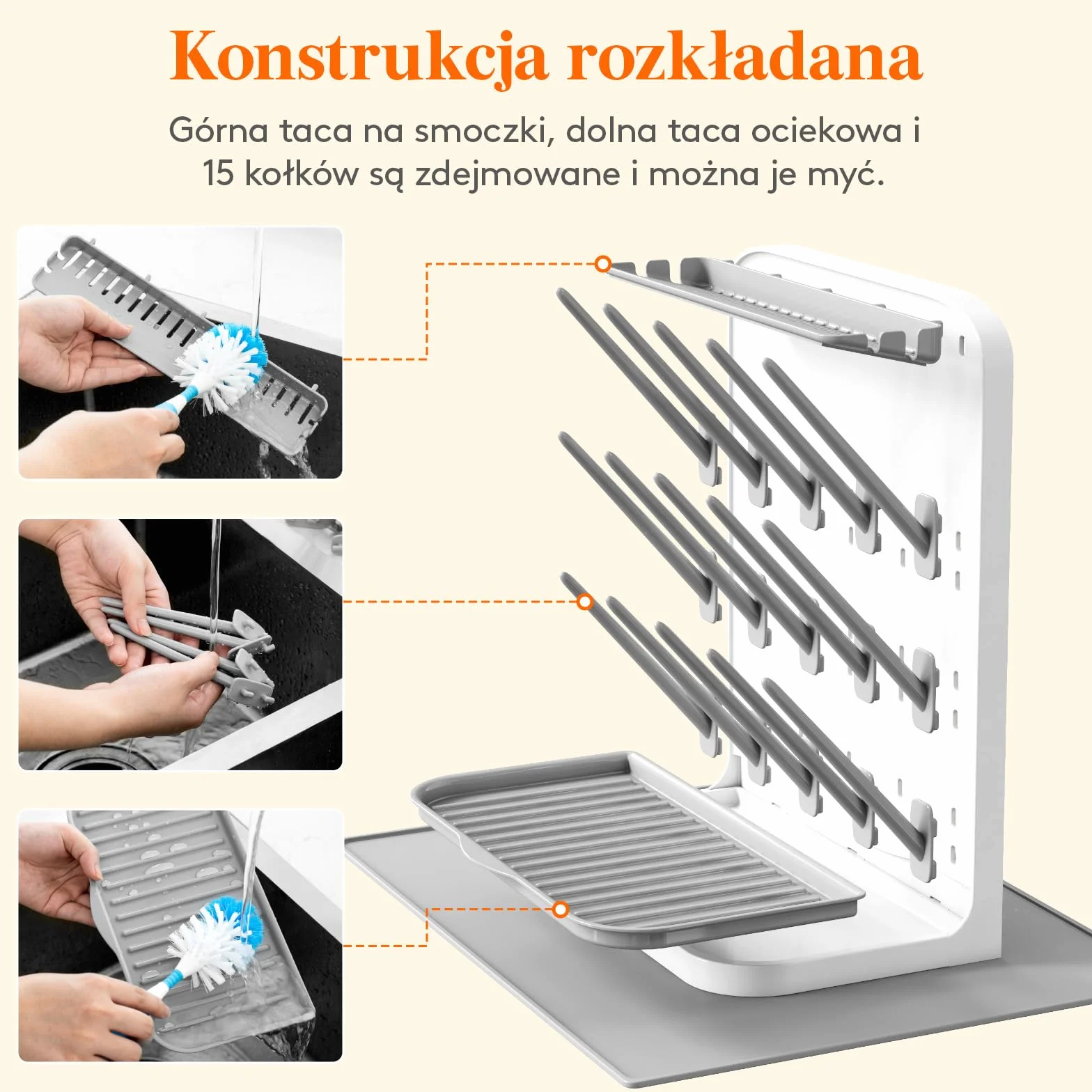 Lifewit Duży Stojak do Suszenia Butelek dla Niemowląt Matą Ociekową, Pionowy Suszarka z 15 Haczykami, Tacką Ociekową, Blat Przechowywania Słomek z Obciążeniem i Części Pompki, Wyjmowanym pojemnikiemi