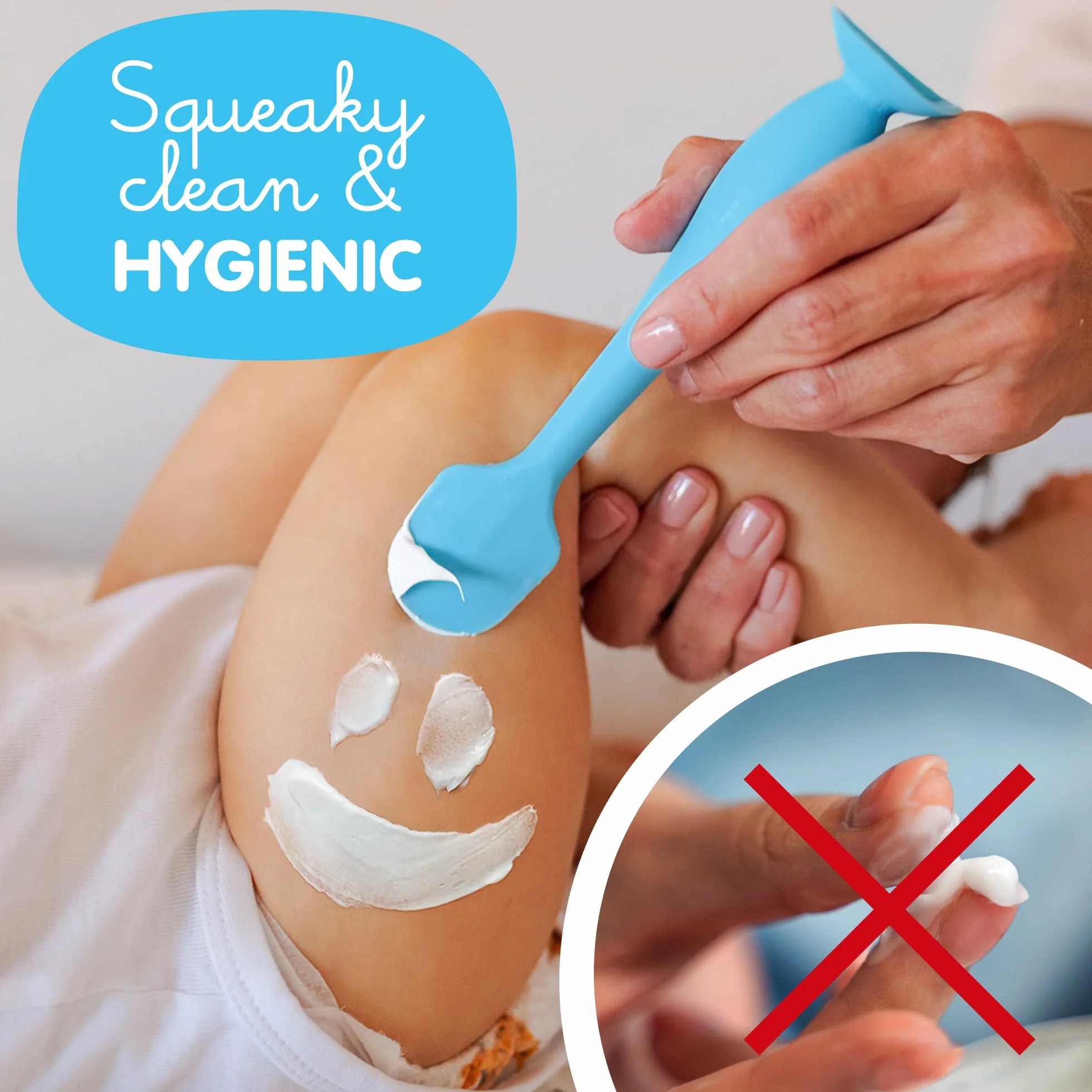 Bumco Baby Essentials dla noworodka – szczotka do pępka dla niemowląt oryginalny aplikator do wysypki na pieluchy, miękka elastyczna silikonowa szczotka, wyjątkowy prezent plus mini aplikator do wysypki z etui podróżnym, niebieski i szary