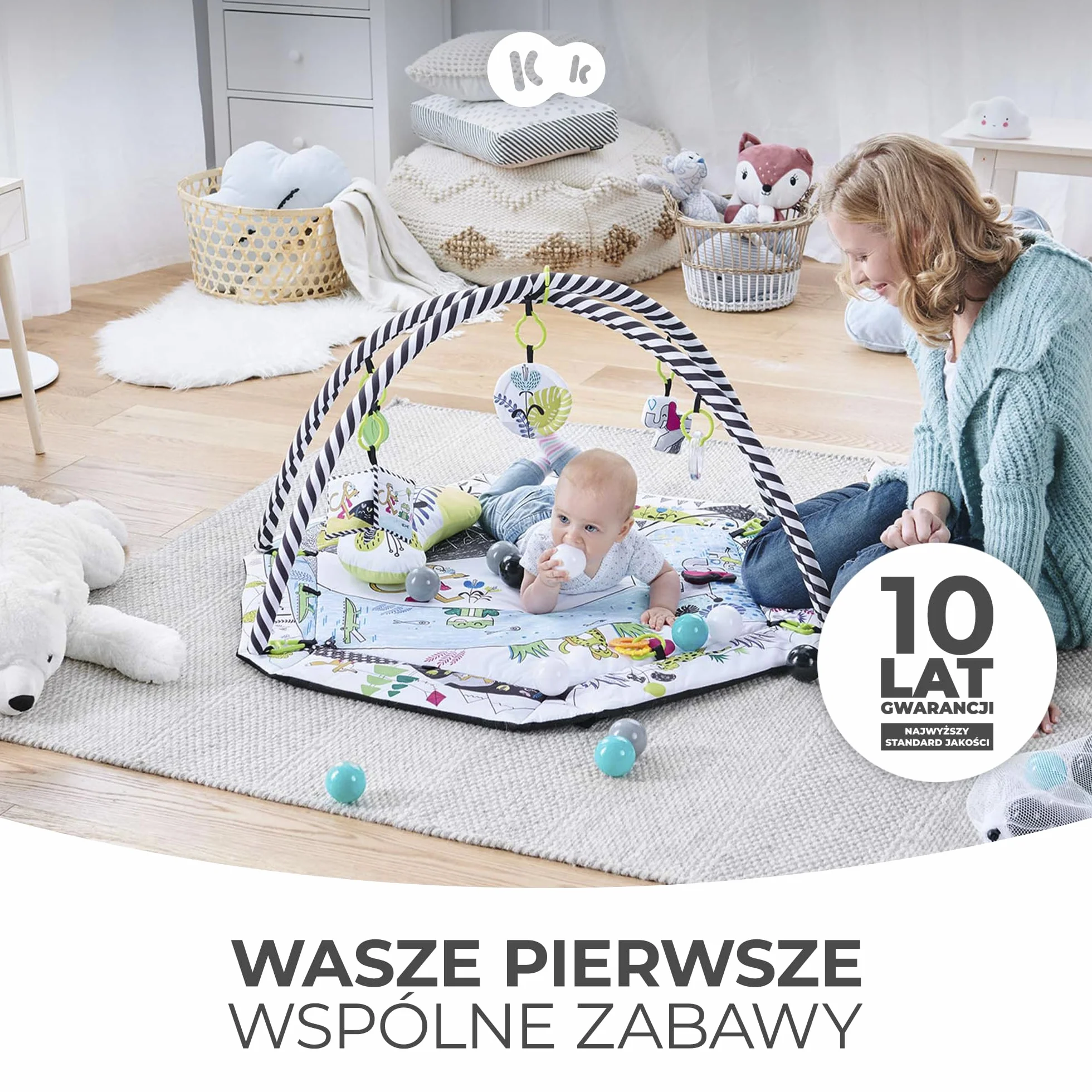 kk Kinderkraft Mata Edukacyjna SMARTPLAY, Interaktywna, Kontrastowe kolory, Funkcja suchego basenu, Regulowany pałąk z 7 zabawkami, 20 piłek, Poduszka, Wielokolorowy