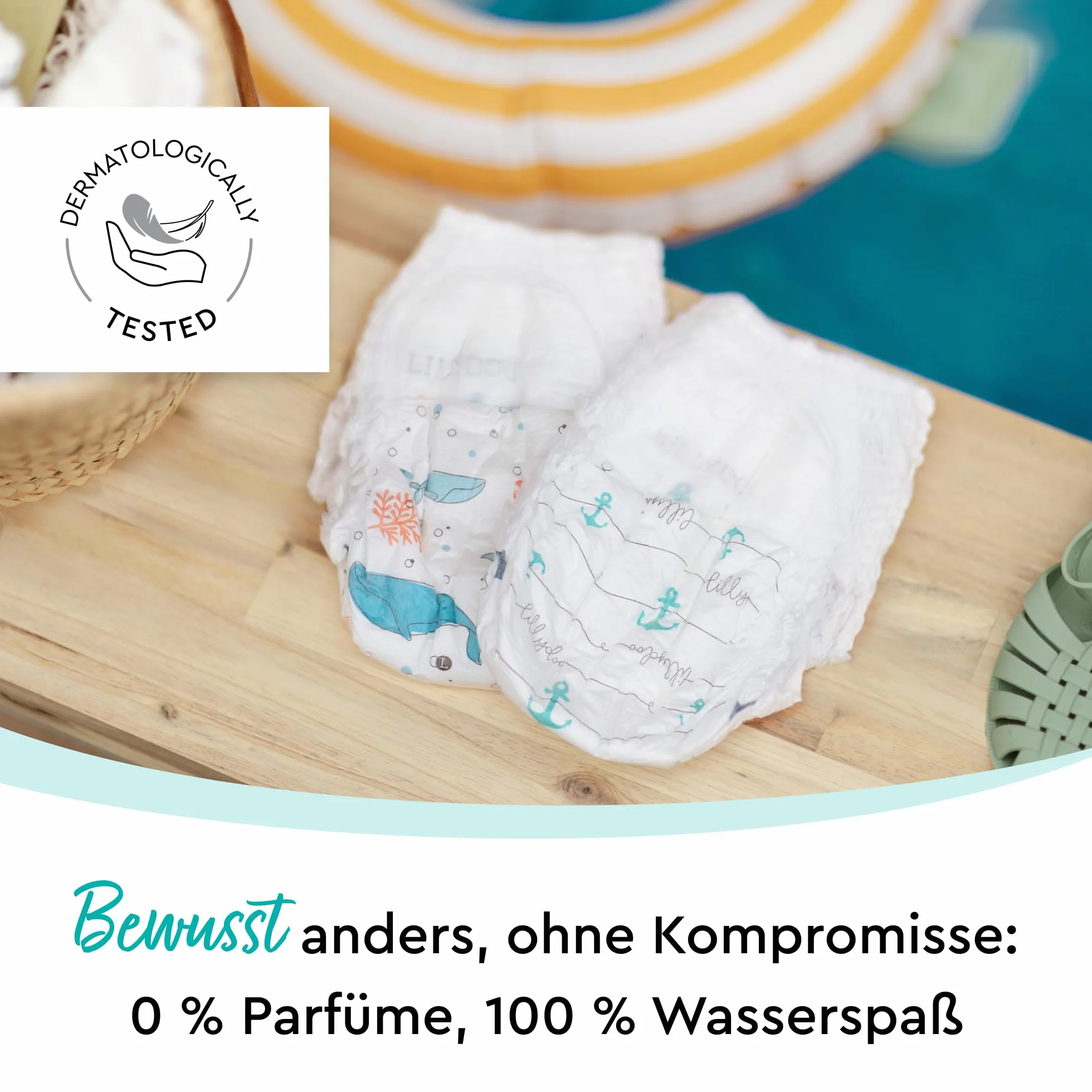 LILLYDOO Przyjazne dla skóry pieluchy do pływania dla niemowląt, rozmiar S (6-11 kg), 3 opakowania (36 sztuk) z 2 stylowymi wzorami