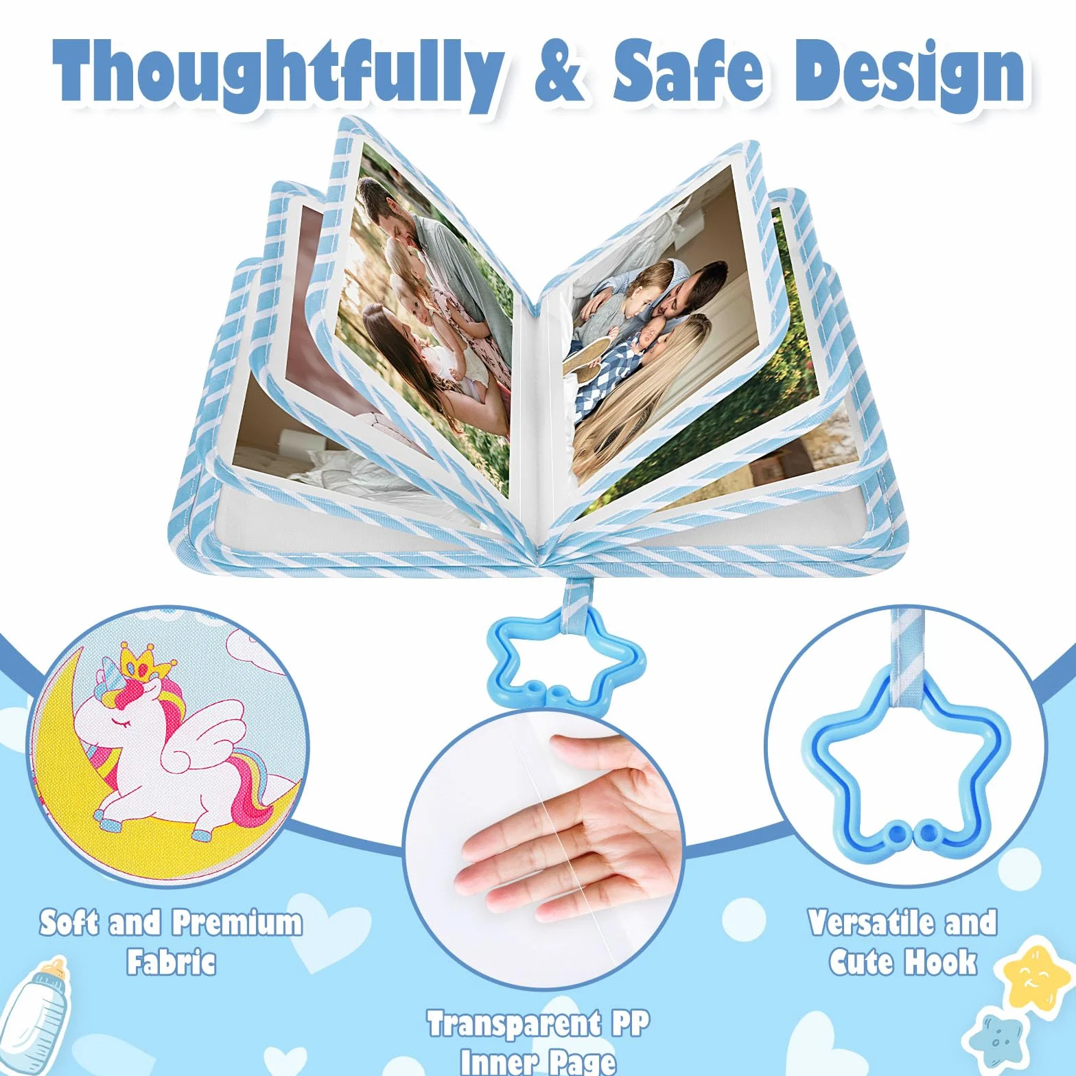 Lanpn Album na zdjęcia zawiera 17 zdjęć 10x15cm, Album Fotograficzny My First Miękka Książka Rodzinna z naklejkami na kartę z imieniem prezent na baby shower dzieci noworodki (Jednorożec, Niebieski)