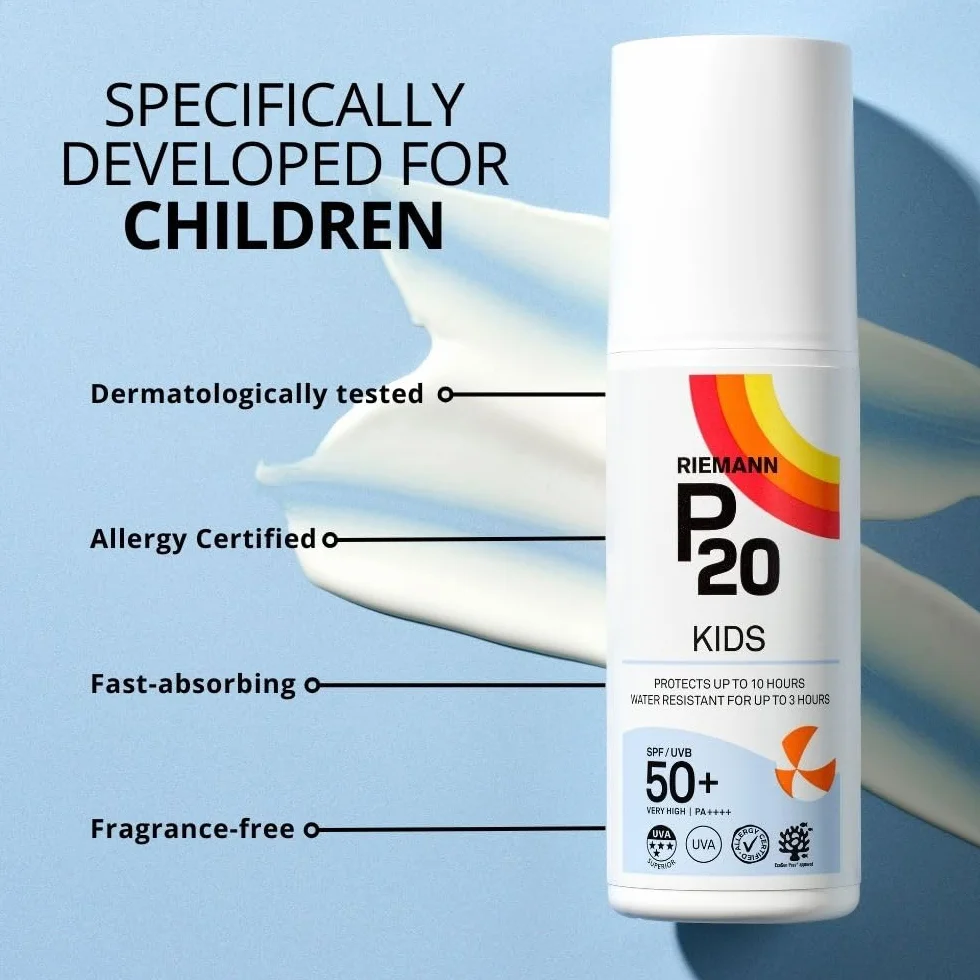 Riemann P20 Krem przeciwsłoneczny dla dzieci, SPF50+, 200 ml, długotrwała ochrona do 10 godzin, wodoodporny do 3 godzin, odpowiedni dla dzieci od 1 roku