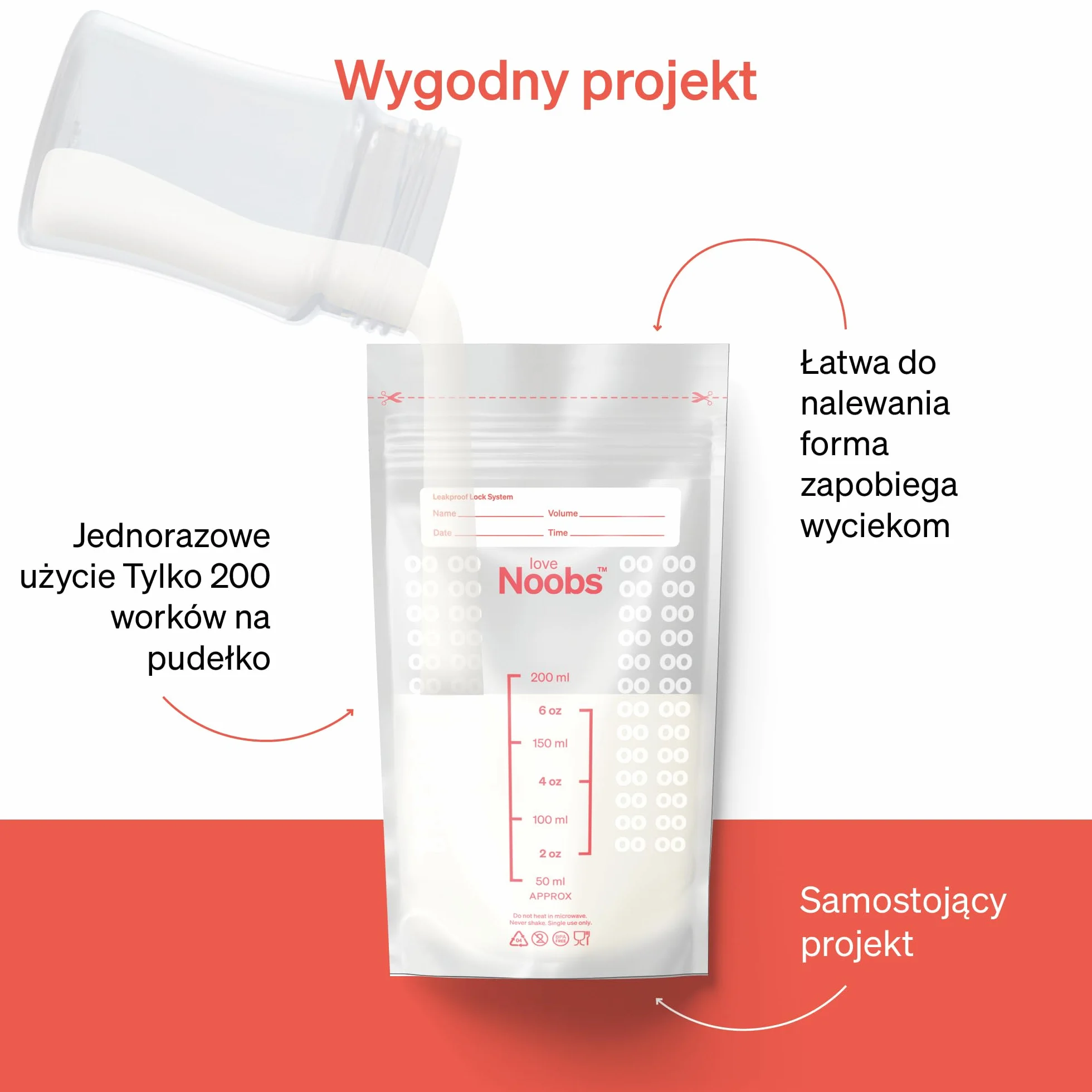 LoveNoobs™, Worki Na Mleko Matki, Łatwe W Użyciu, Do Zamrażania, Wstępnie Sterylizowane, 200 Sztuk – 200 ML, Woreczki Na Mleko Matki Do Karmienia Piersią