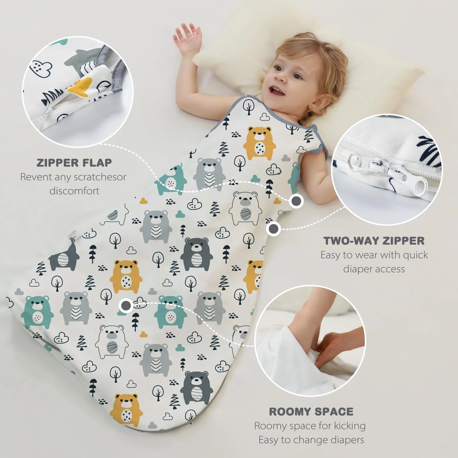 Mosebears Baby śpiworek na letnią wiosnę, zwierzęcy kreskówka mywalny koc 1.0 tog dla dziecka, śpiworek bez rękawów