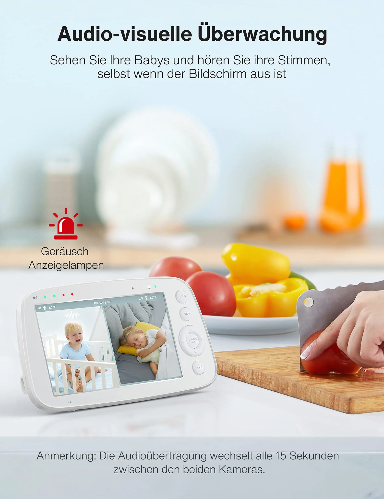 Elektroniczna niania z dzielonym ekranem, 5" 720P z 2 kamerami, monitorowaniem audio i wideo, pochylonym zoomem, zasięg 300 m, akumulator 4500 mAh, widoczność w nocy na podczerwień i monitor
